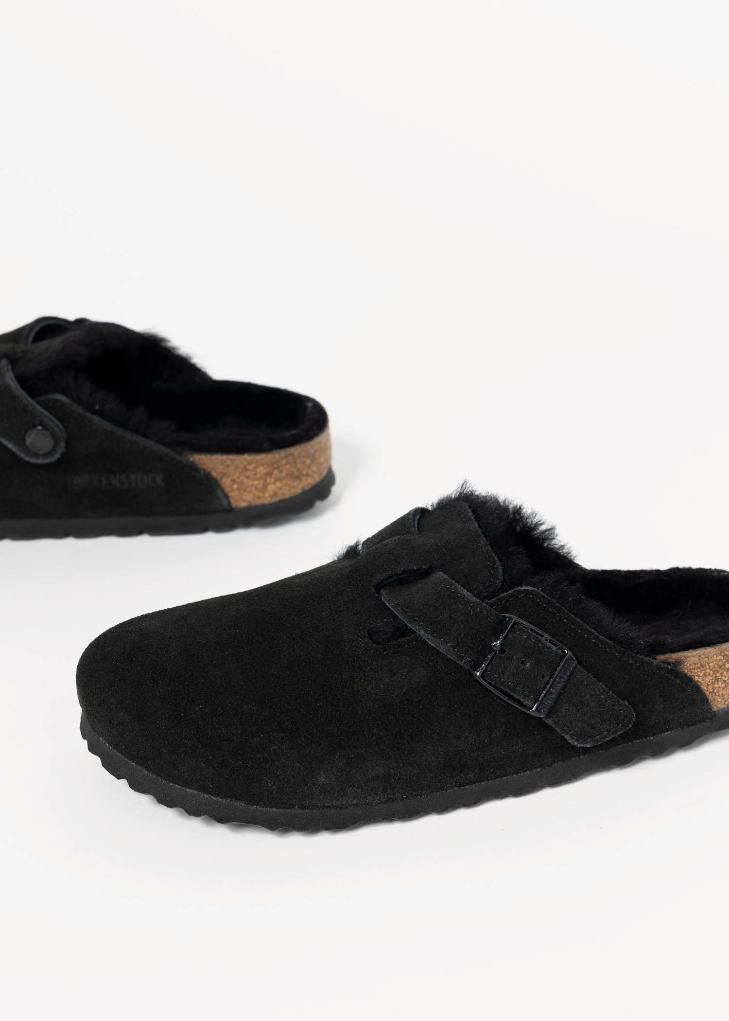 swatch_Black suede boston shearling clog clogs