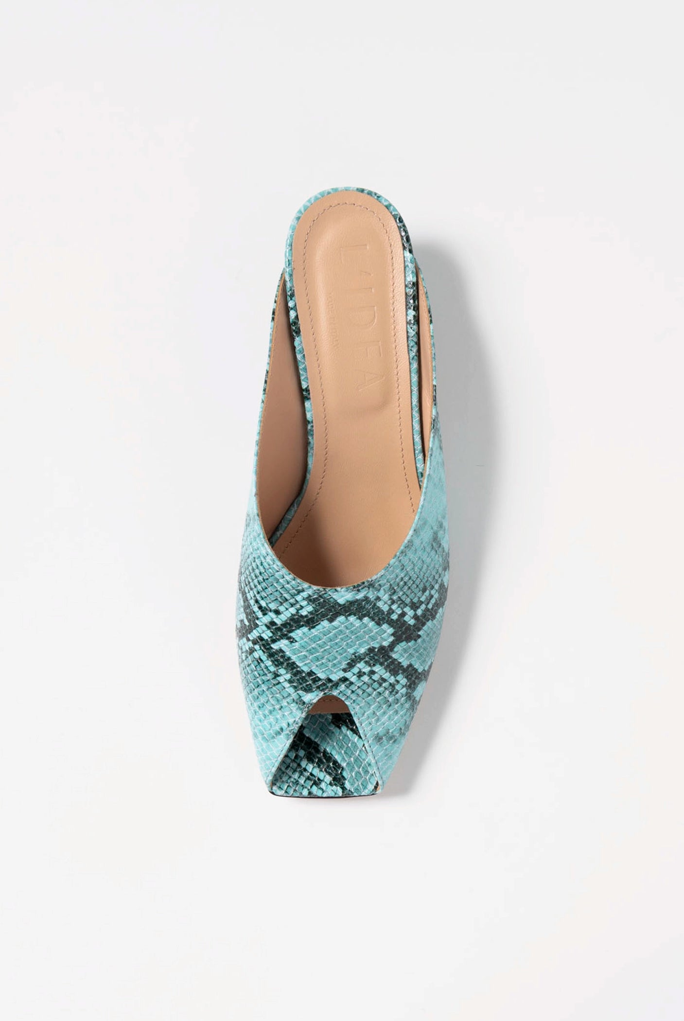 swatch_Turquoise Snake leather peep toe mule L'idea