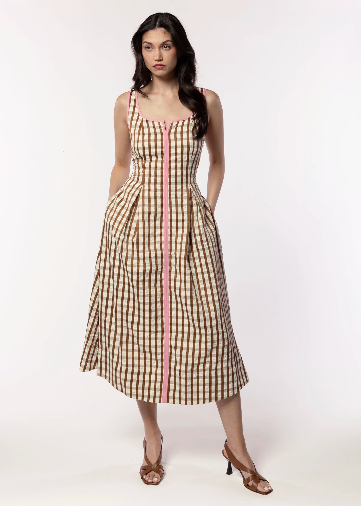 swatch_Brown/Pink thml gingham midi dress