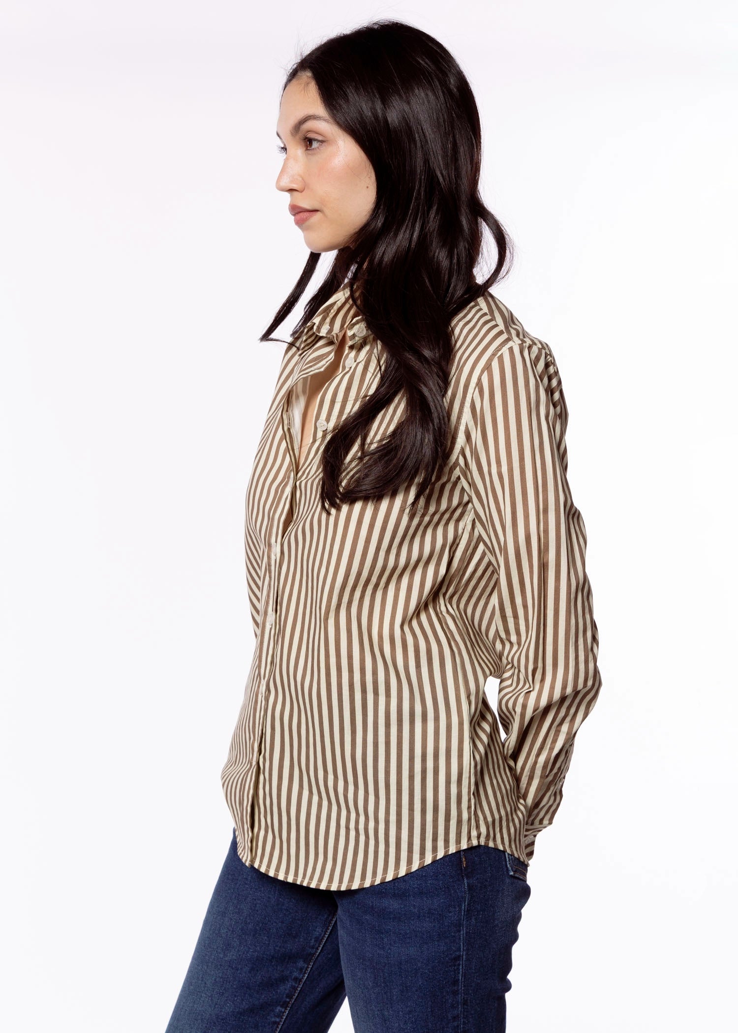swatch_Mocha Stripe perfect white tee gisele button down shirt