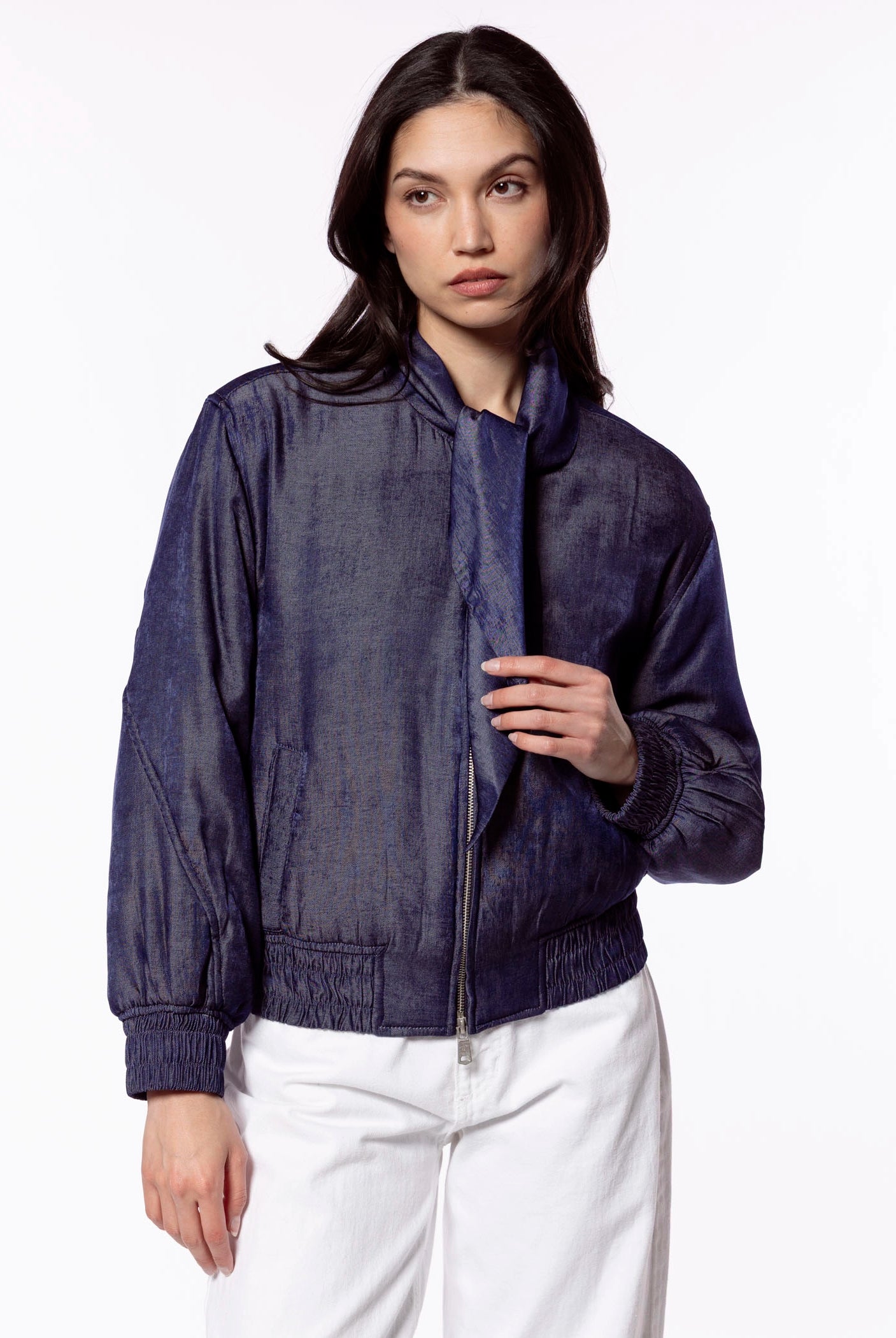 swatch_Navy neck tie chambray bomber jacket