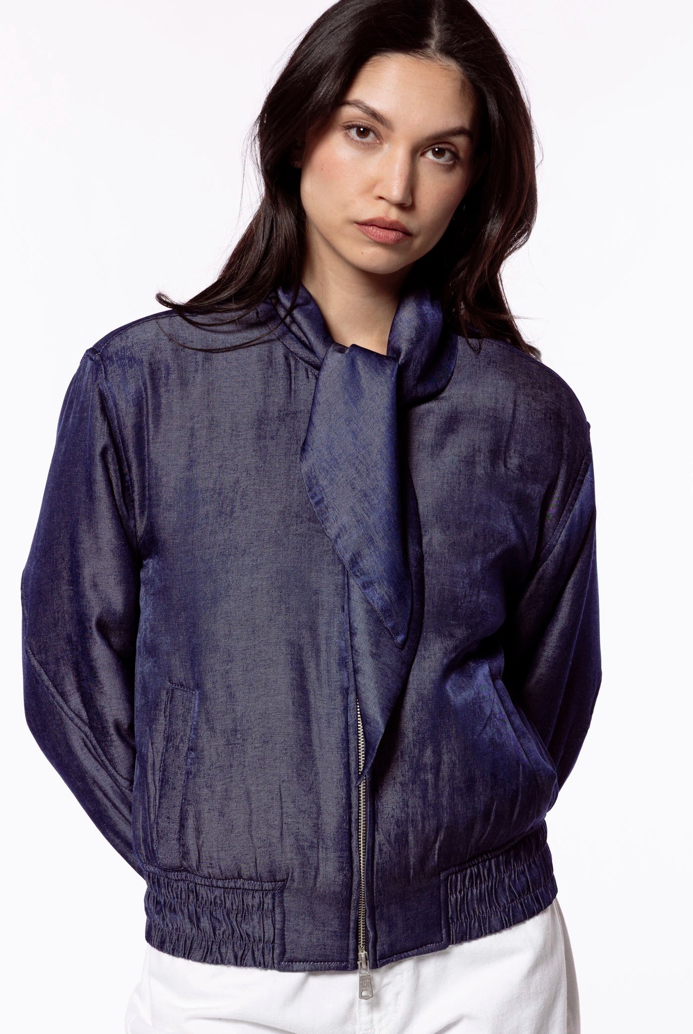 swatch_Navy neck tie chambray bomber jacket