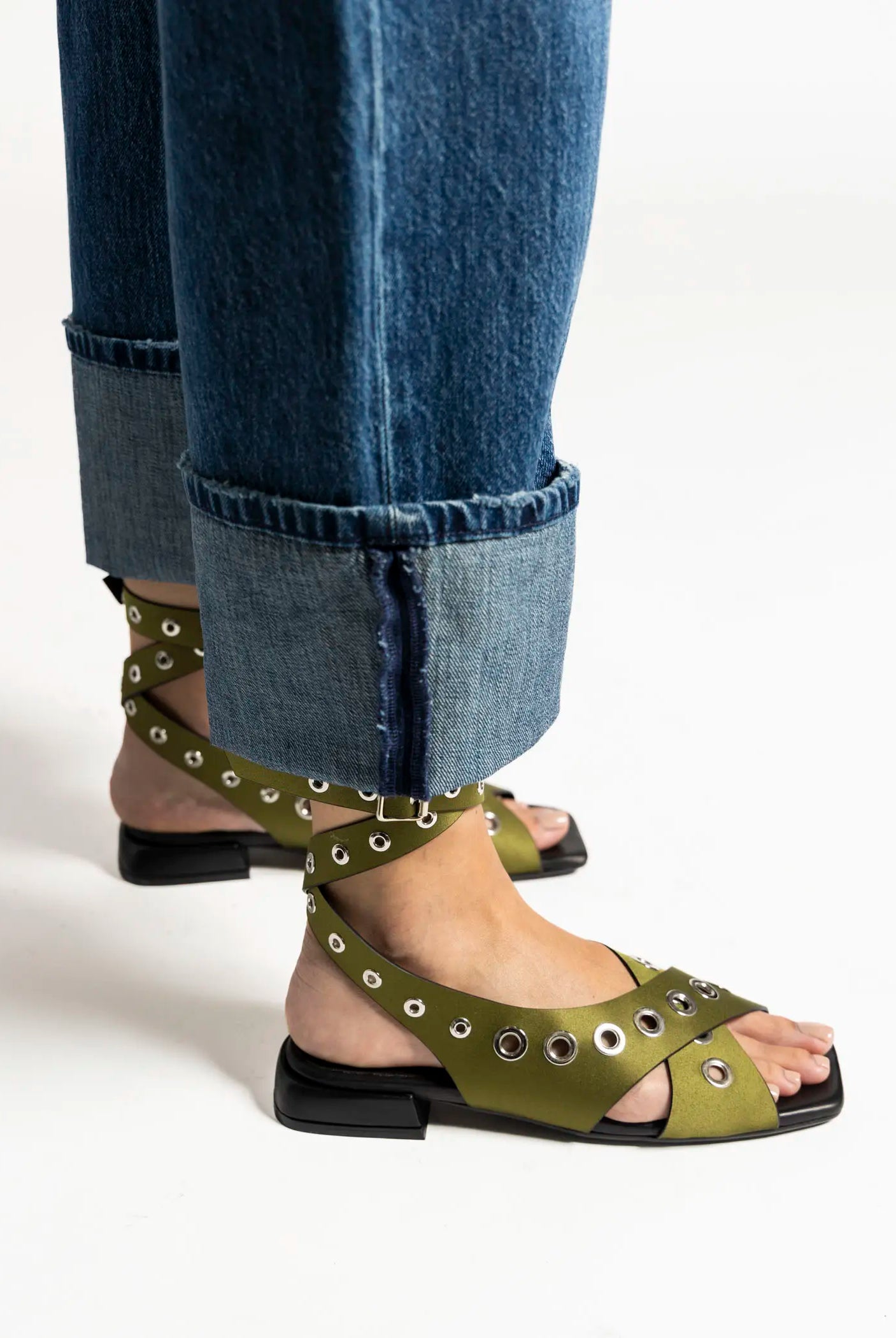 swatch_olive satin flat sandal with grommets flat sandals