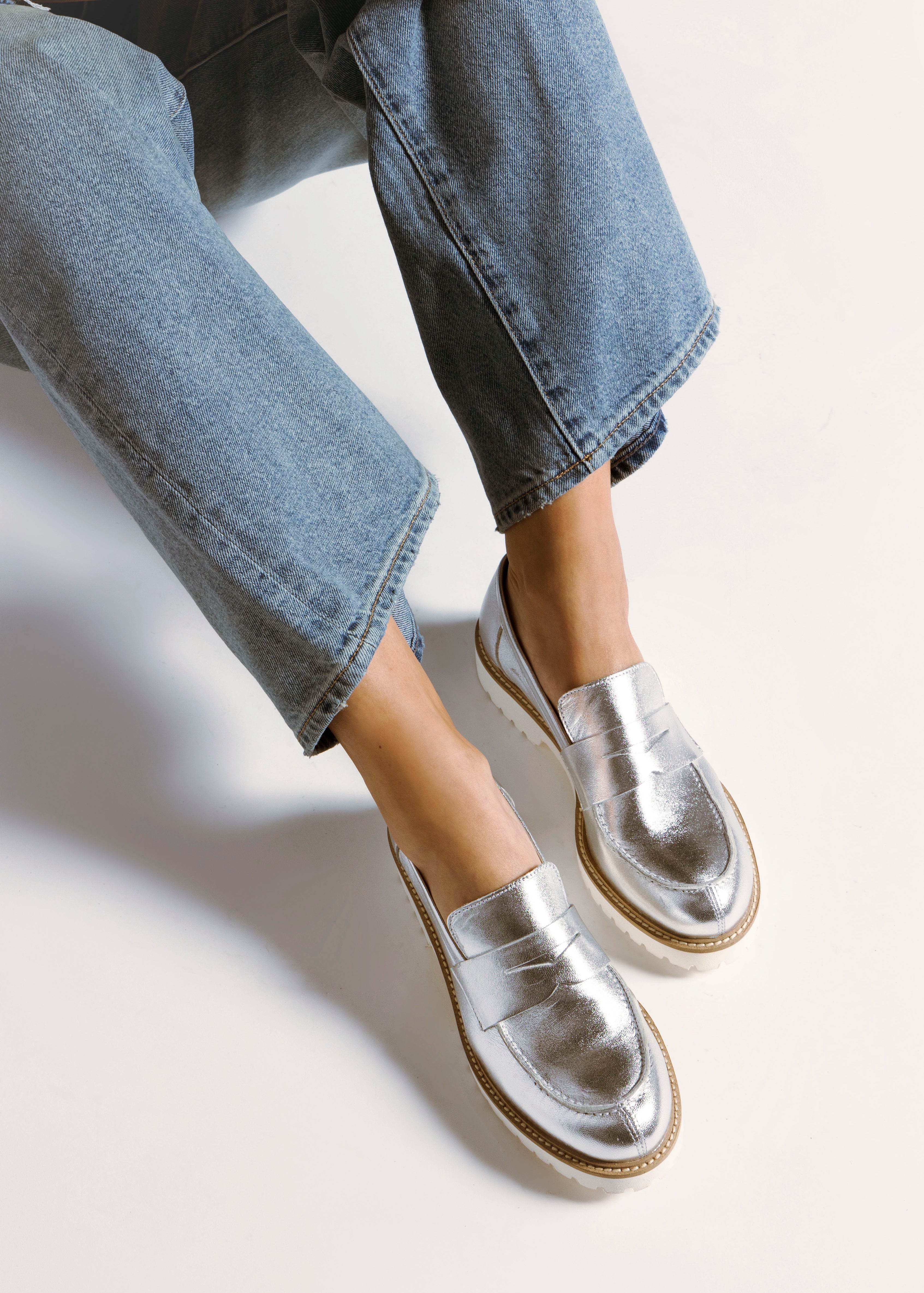 swatch_silver leather leather penny loafer flat shoes