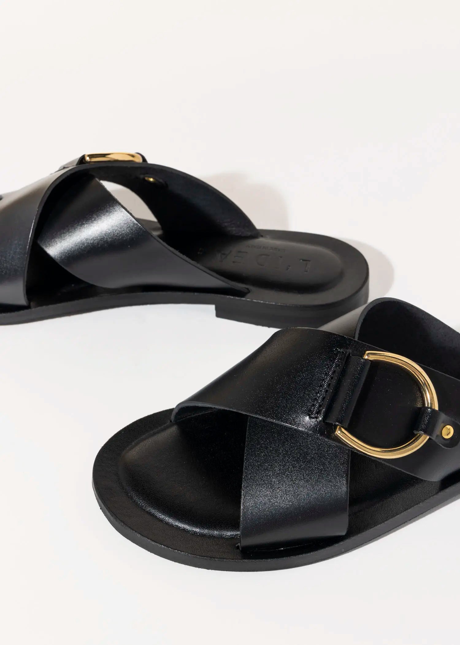 swatch_black leather crossband flat sandal flat sandals