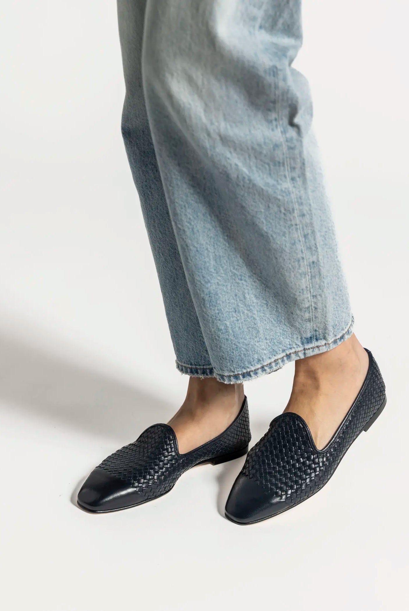 swatch_navy leather woven leather loafer flat shoes