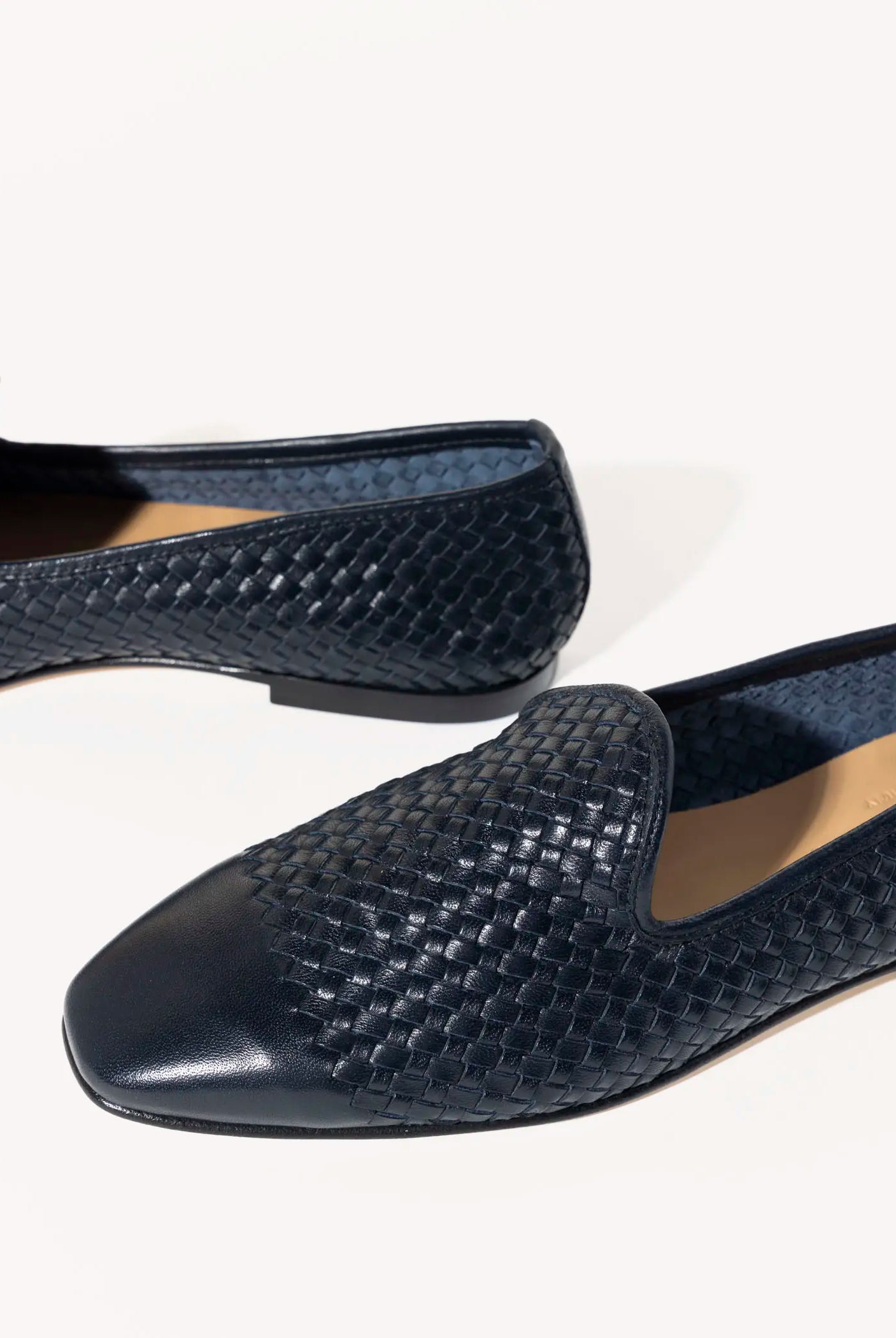 swatch_navy leather woven leather loafer flat shoes