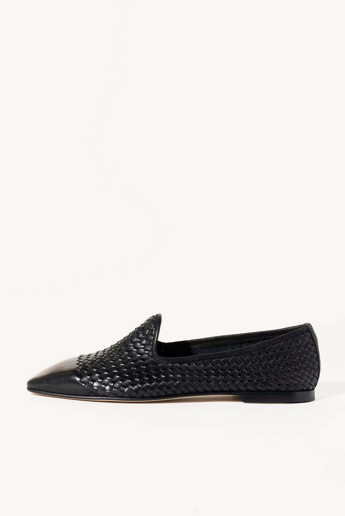swatch_black leather woven leather loafer flat shoes