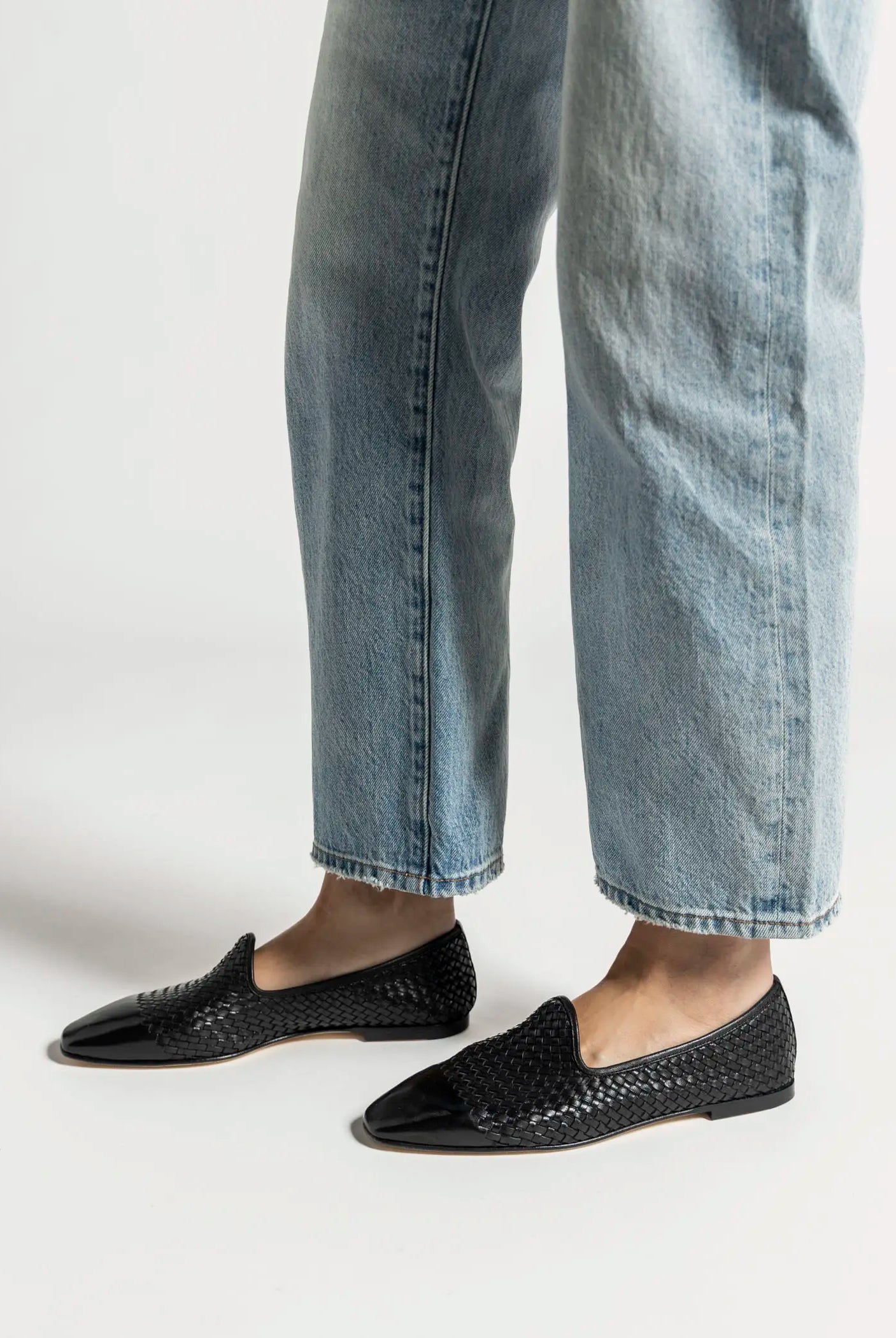 swatch_black leather woven leather loafer flat shoes
