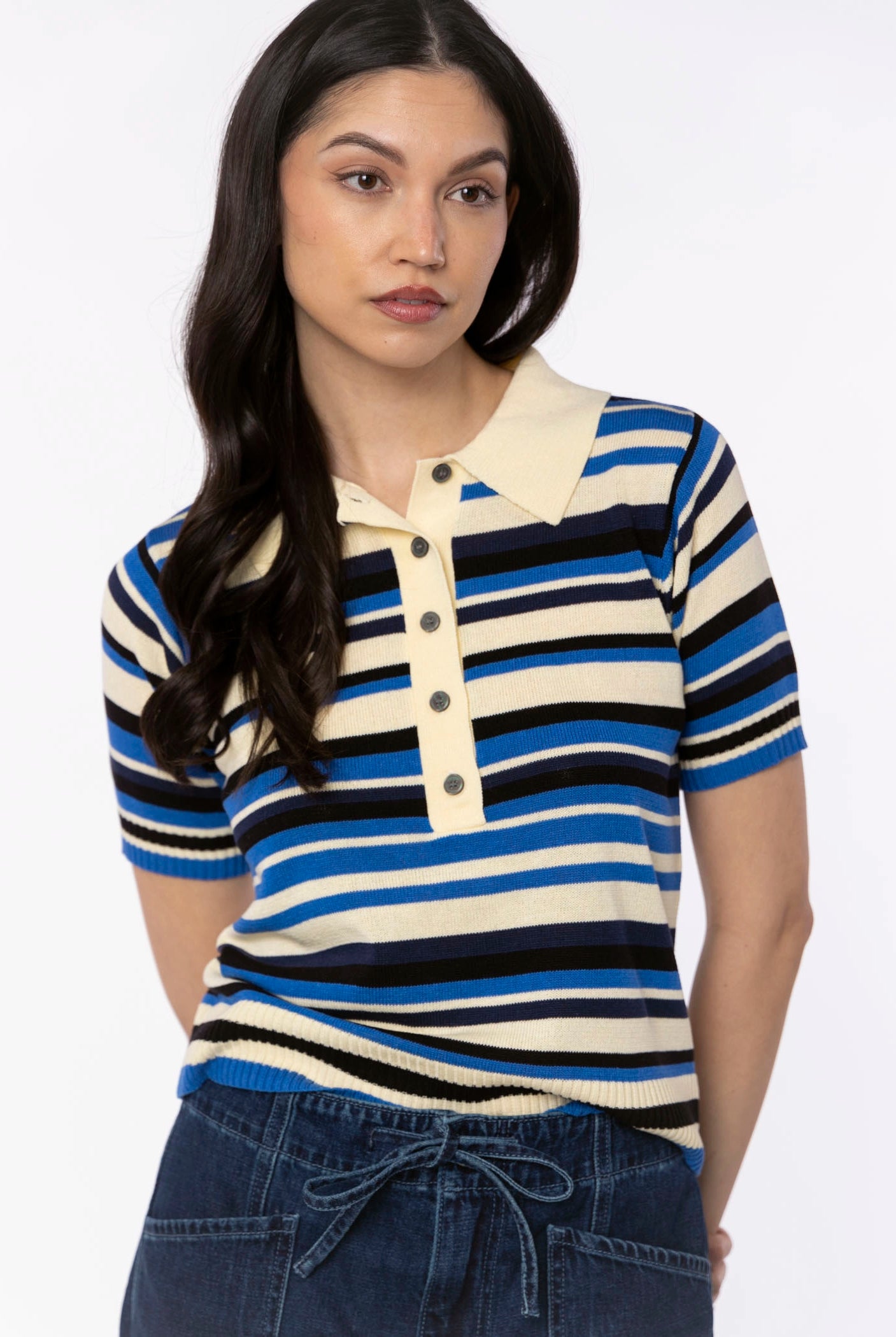 swatch_Blue Multi striped knit polo