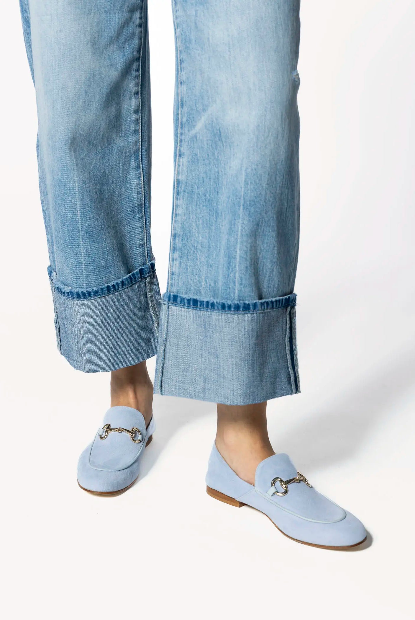 swatch_powder blue suede loafer with bit flat shoes