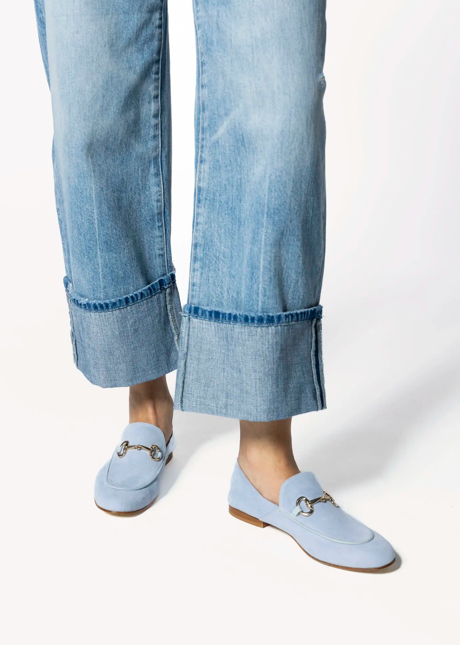 swatch_powder blue suede loafer with bit flat shoes