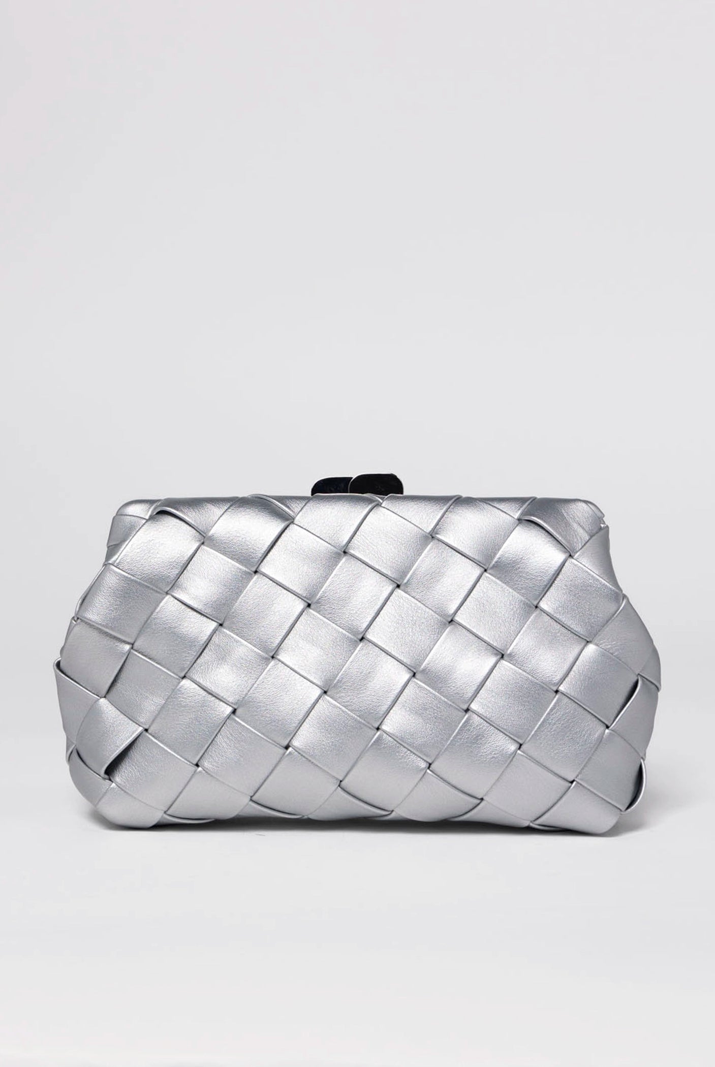 swatch_Silver olga berg quinn woven leather clutch