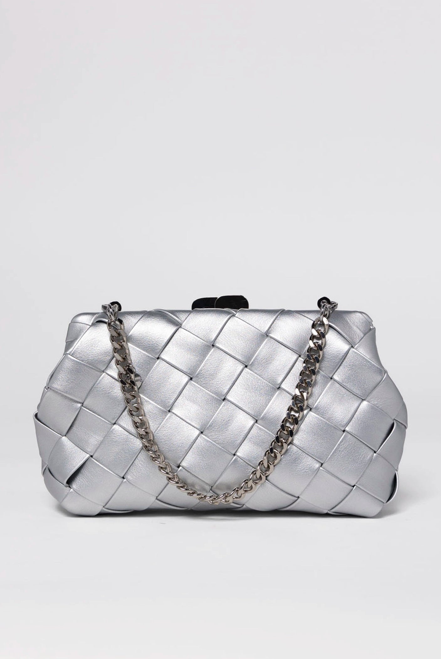 swatch_Silver olga berg quinn woven leather clutch