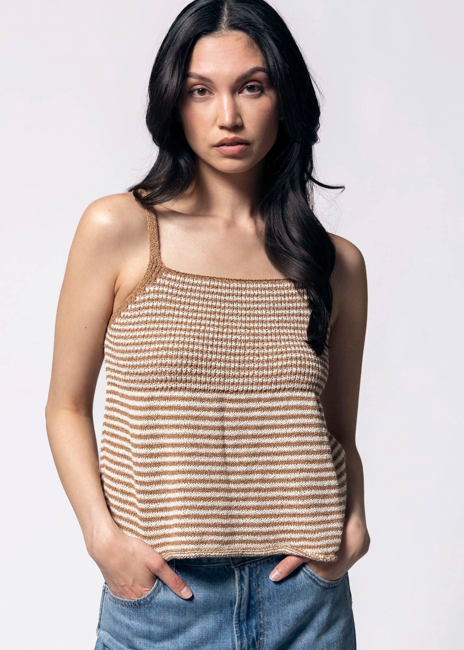 swatch_Mocha striped peplum knit tank