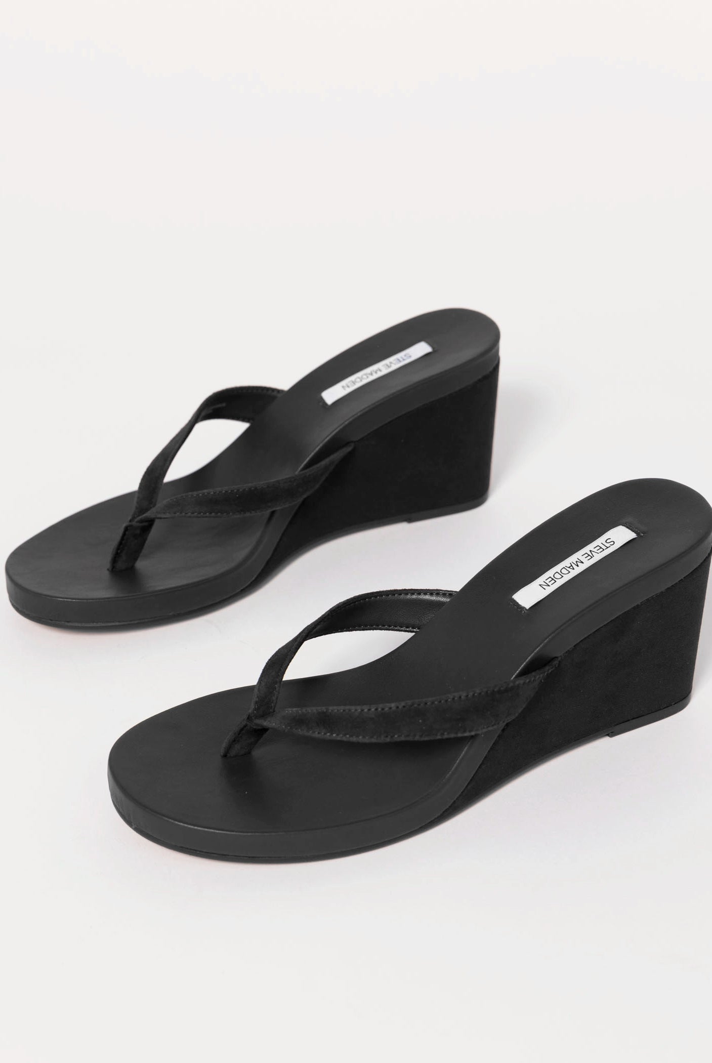 swatch_Black Suede steve madden playing wedge thong sandal