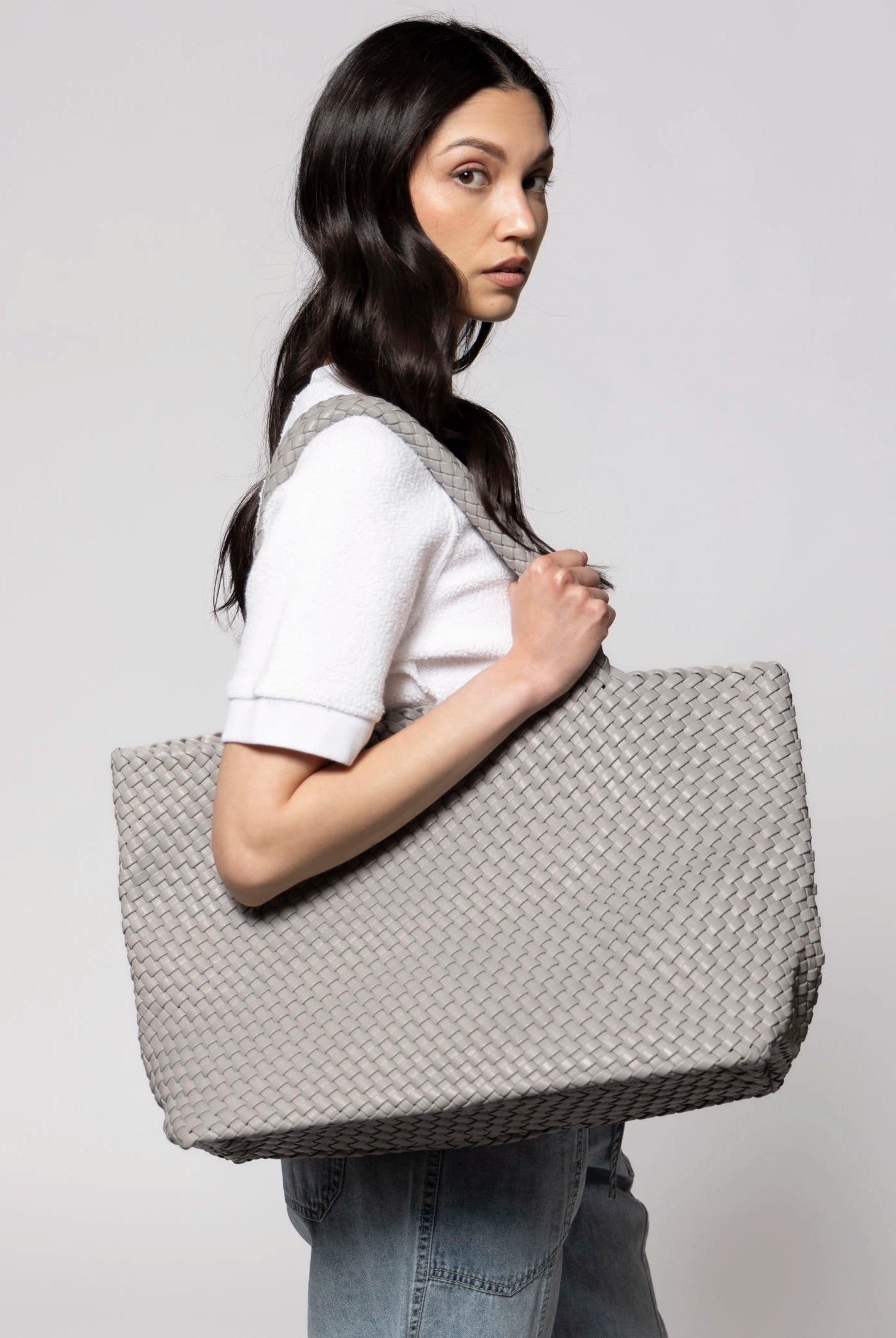 swatch_Grey vegan leather woven tote