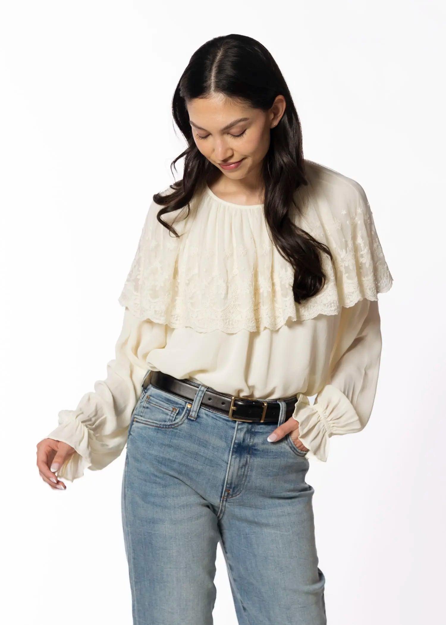 swatch_neutrals lace cape blouse apparel