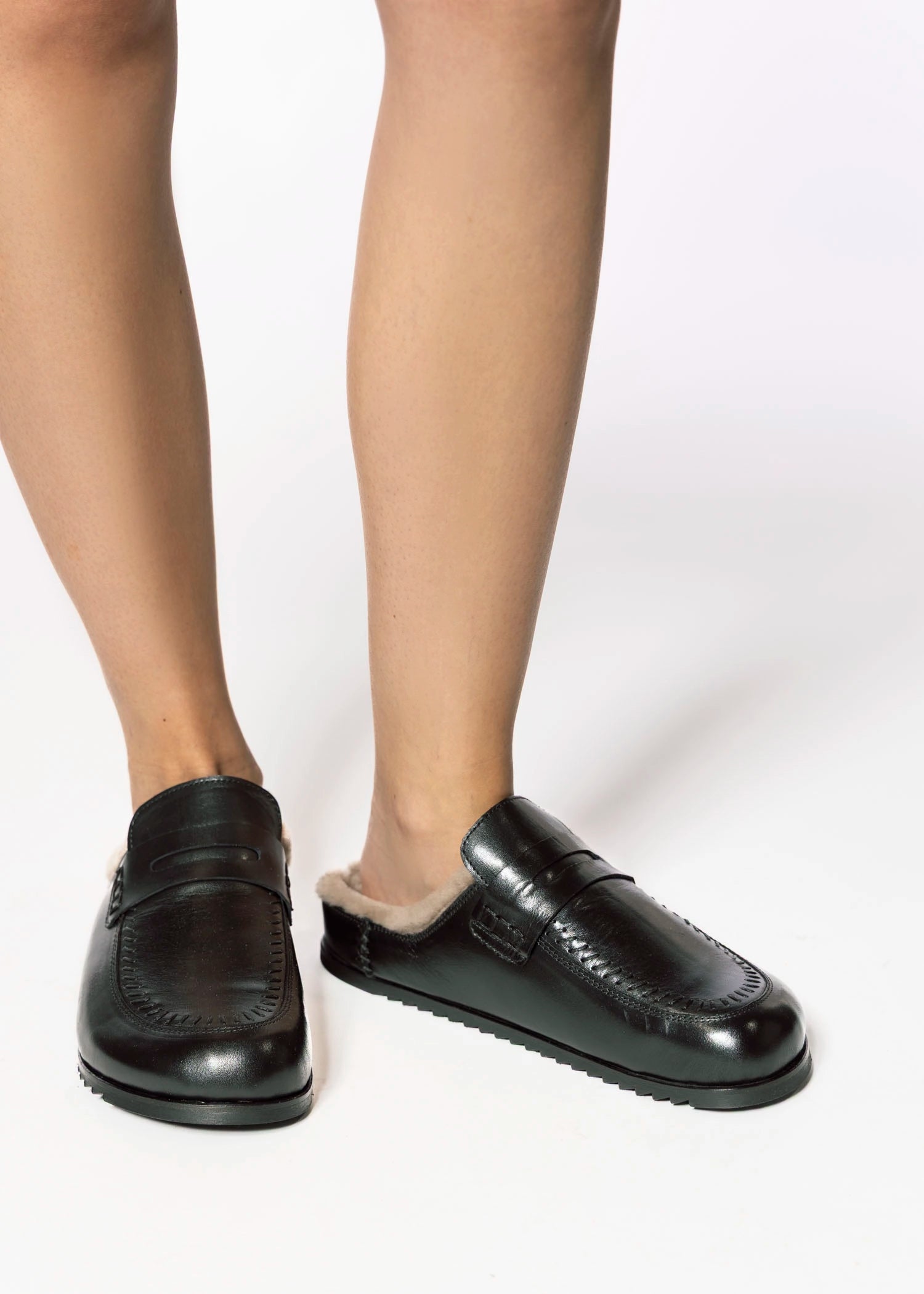 swatch_Black Leather shearling lined clog shoes