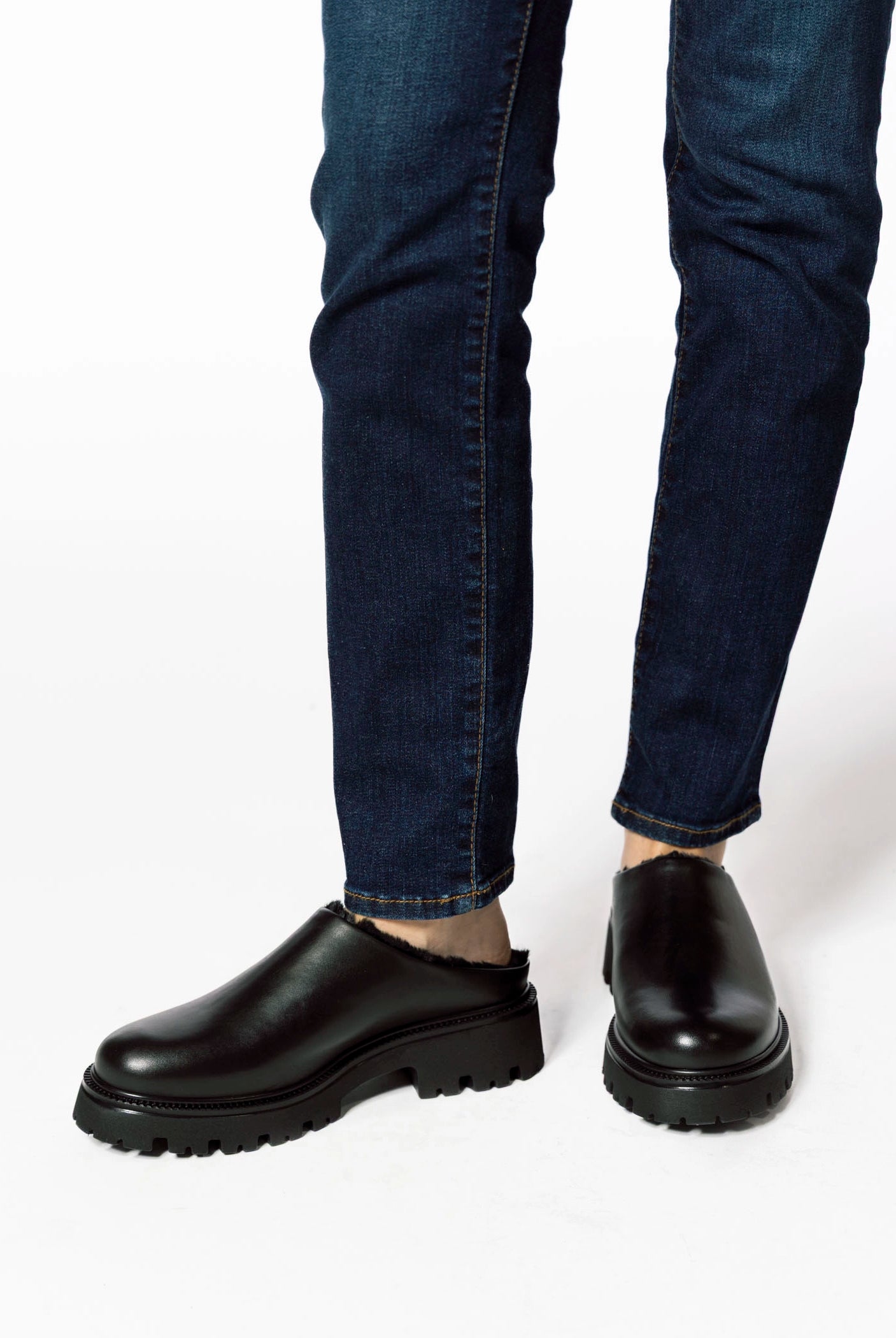 swatch_Black Leather fur lined clog shoes