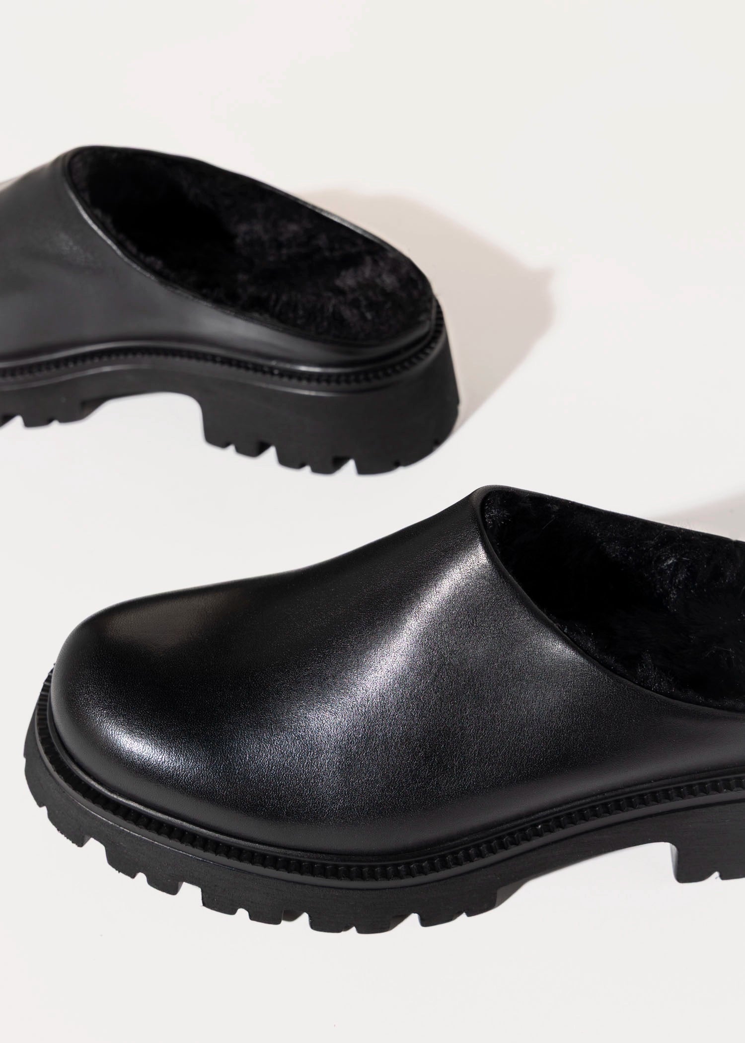 swatch_Black Leather fur lined clog shoes