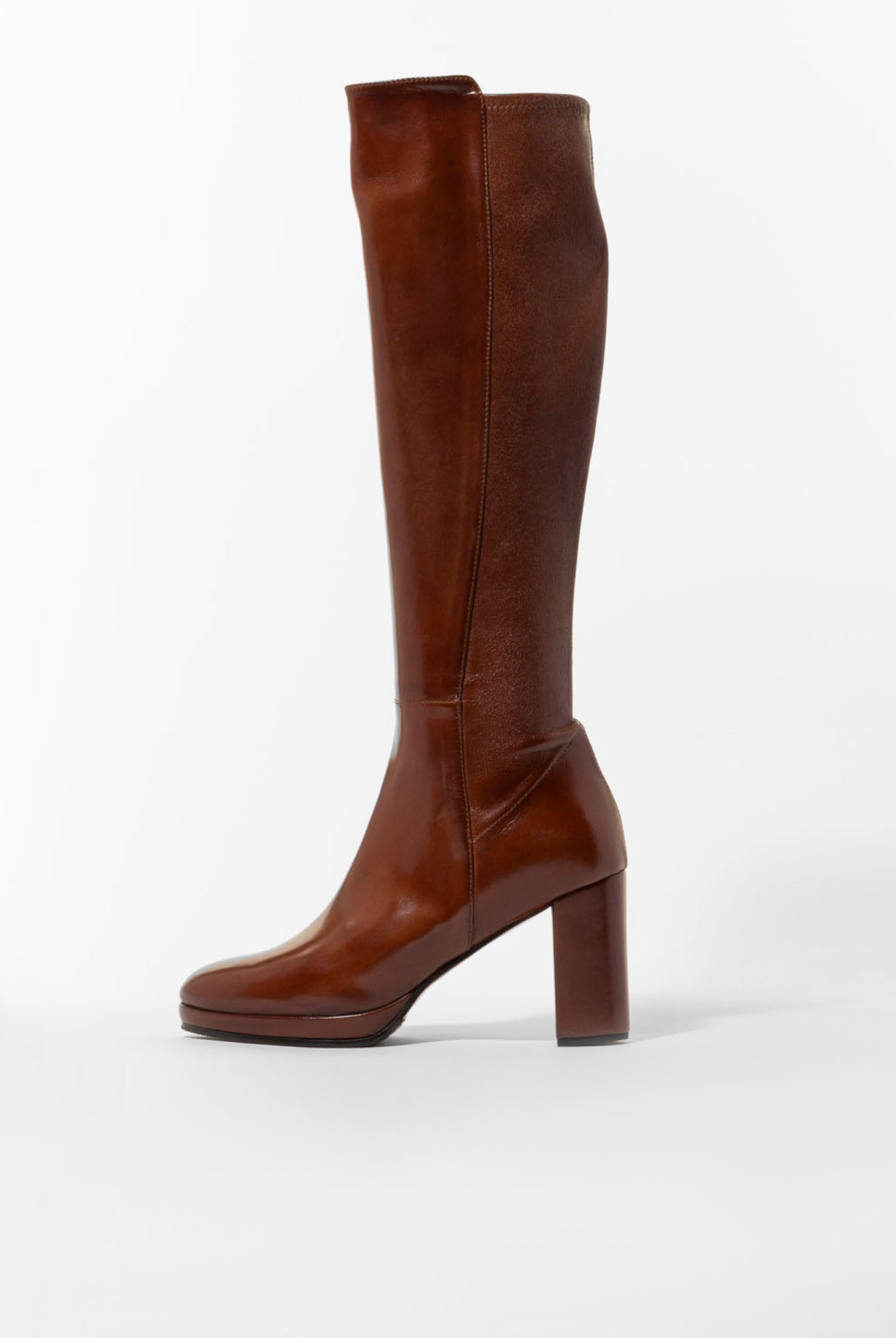 swatch_Brown Leather knee high heeled boot boots