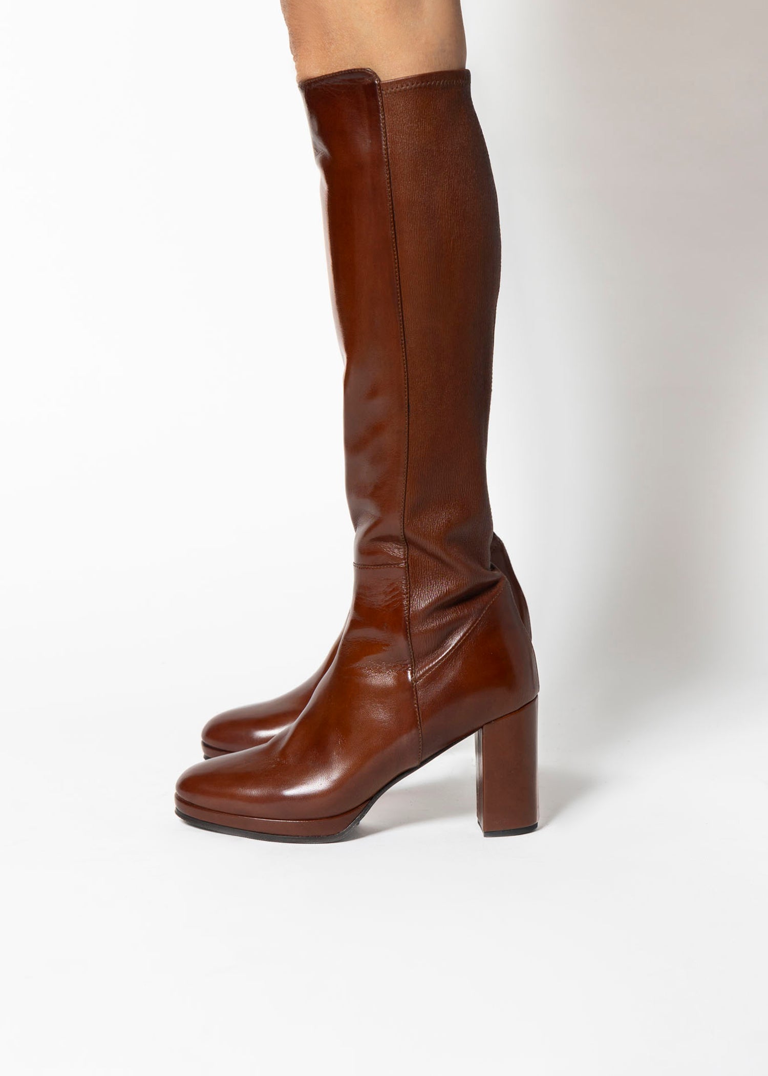 swatch_Brown Leather knee high heeled boot boots