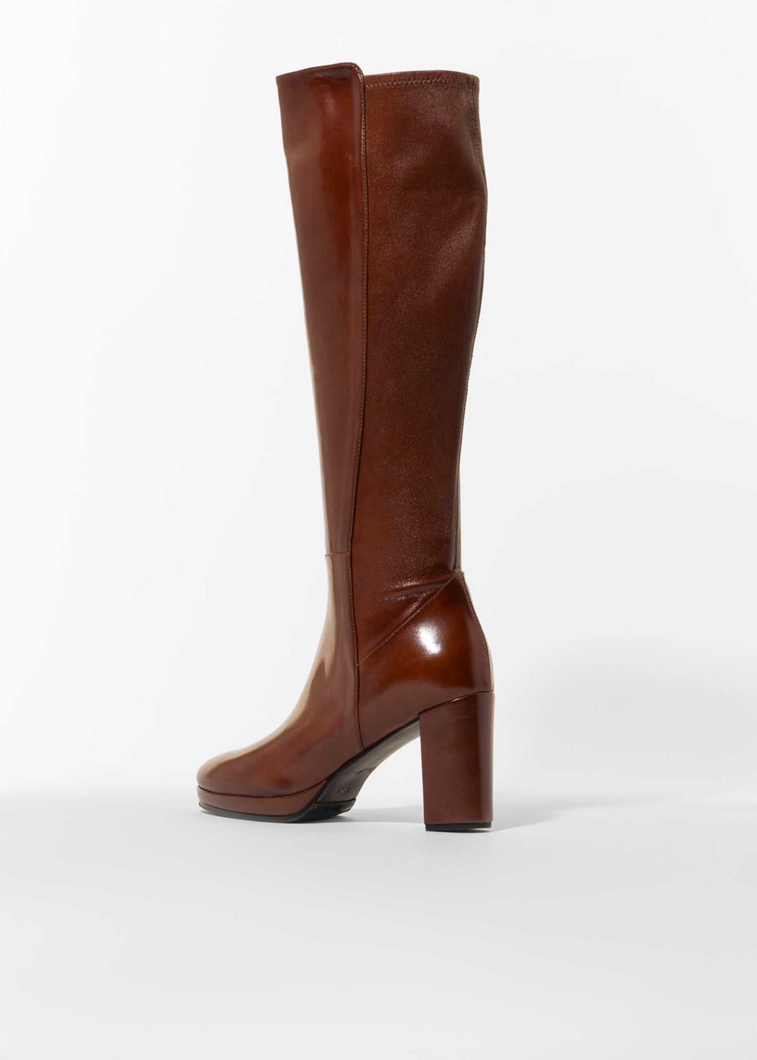 swatch_Brown Leather knee high heeled boot boots