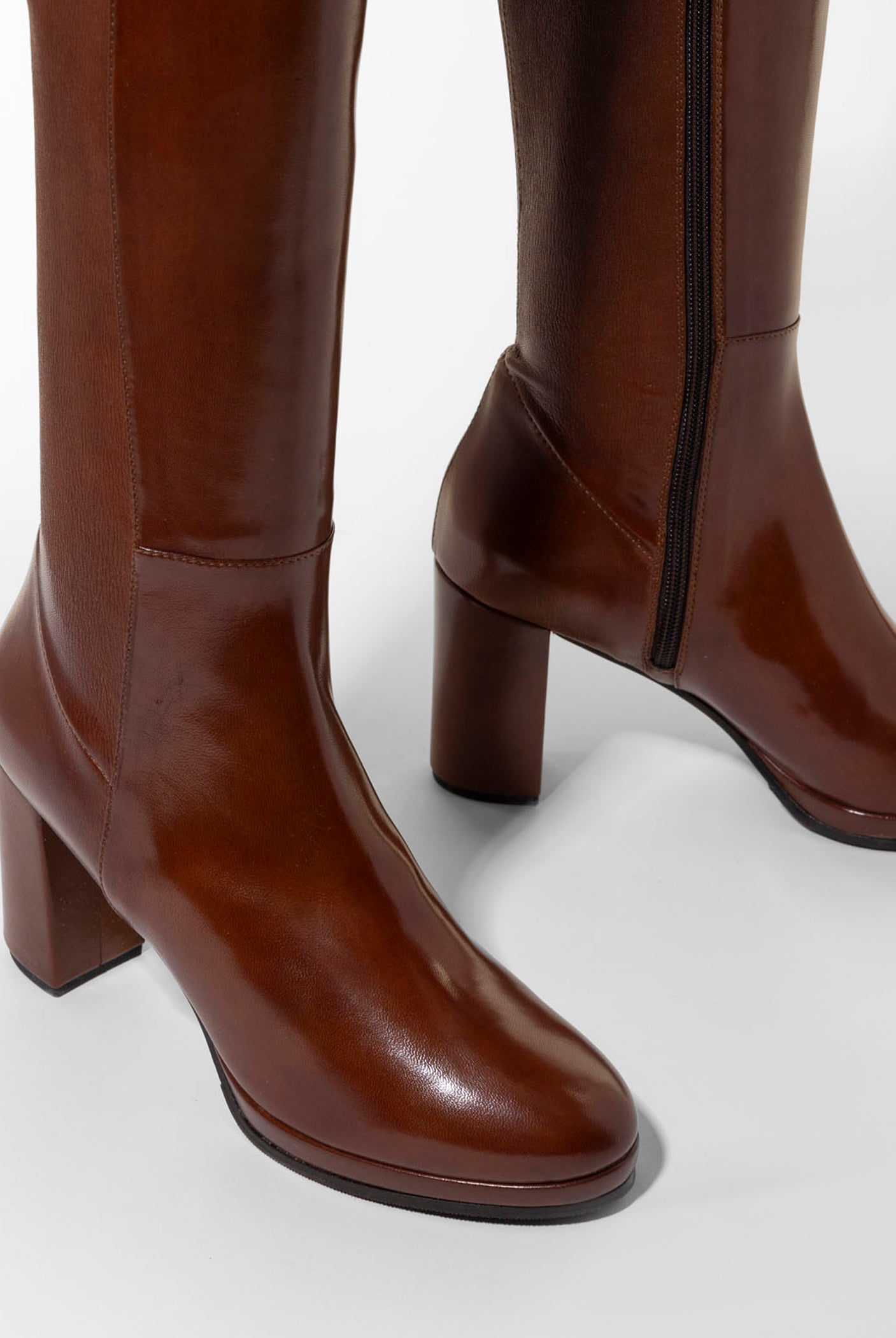 swatch_Brown Leather knee high heeled boot boots