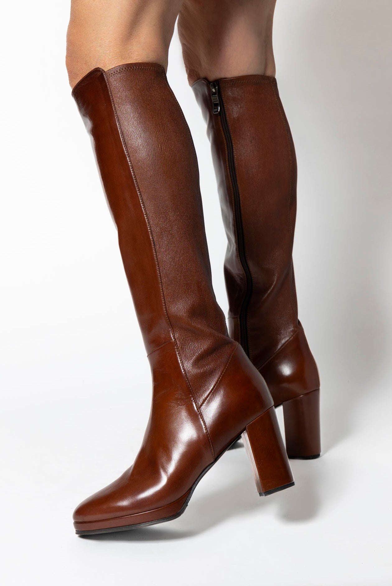 swatch_Brown Leather knee high heeled boot boots