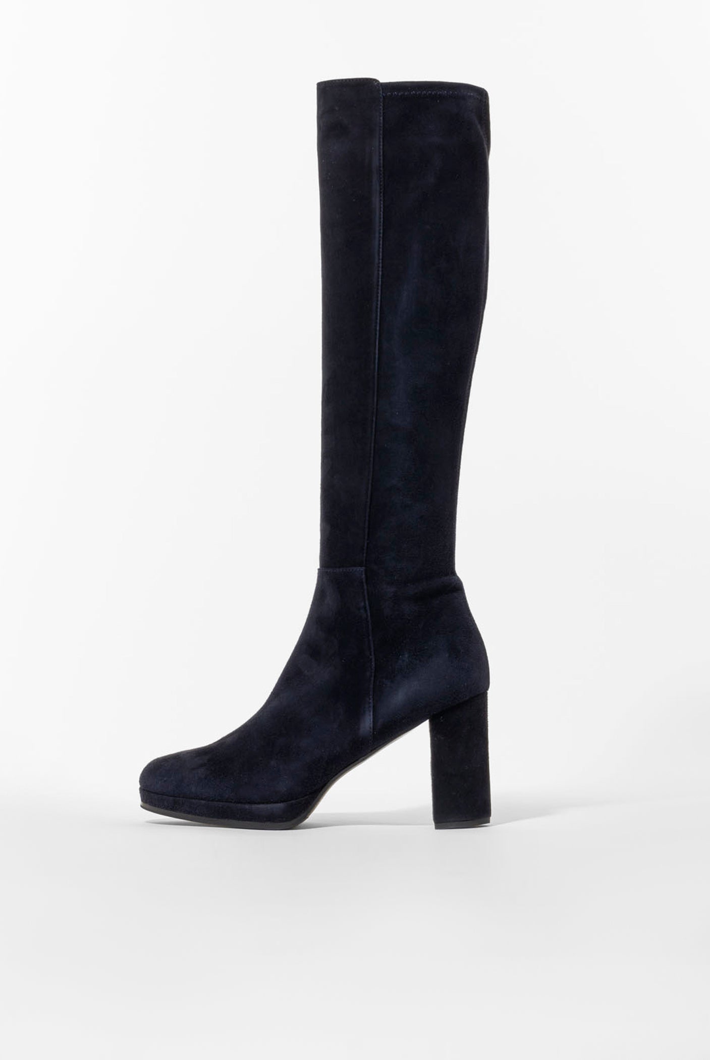 swatch_Navy Suede knee high heeled boot boots