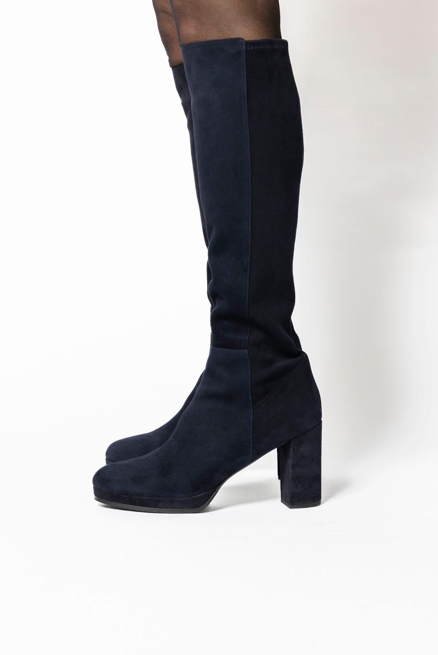 swatch_Navy Suede knee high heeled boot boots
