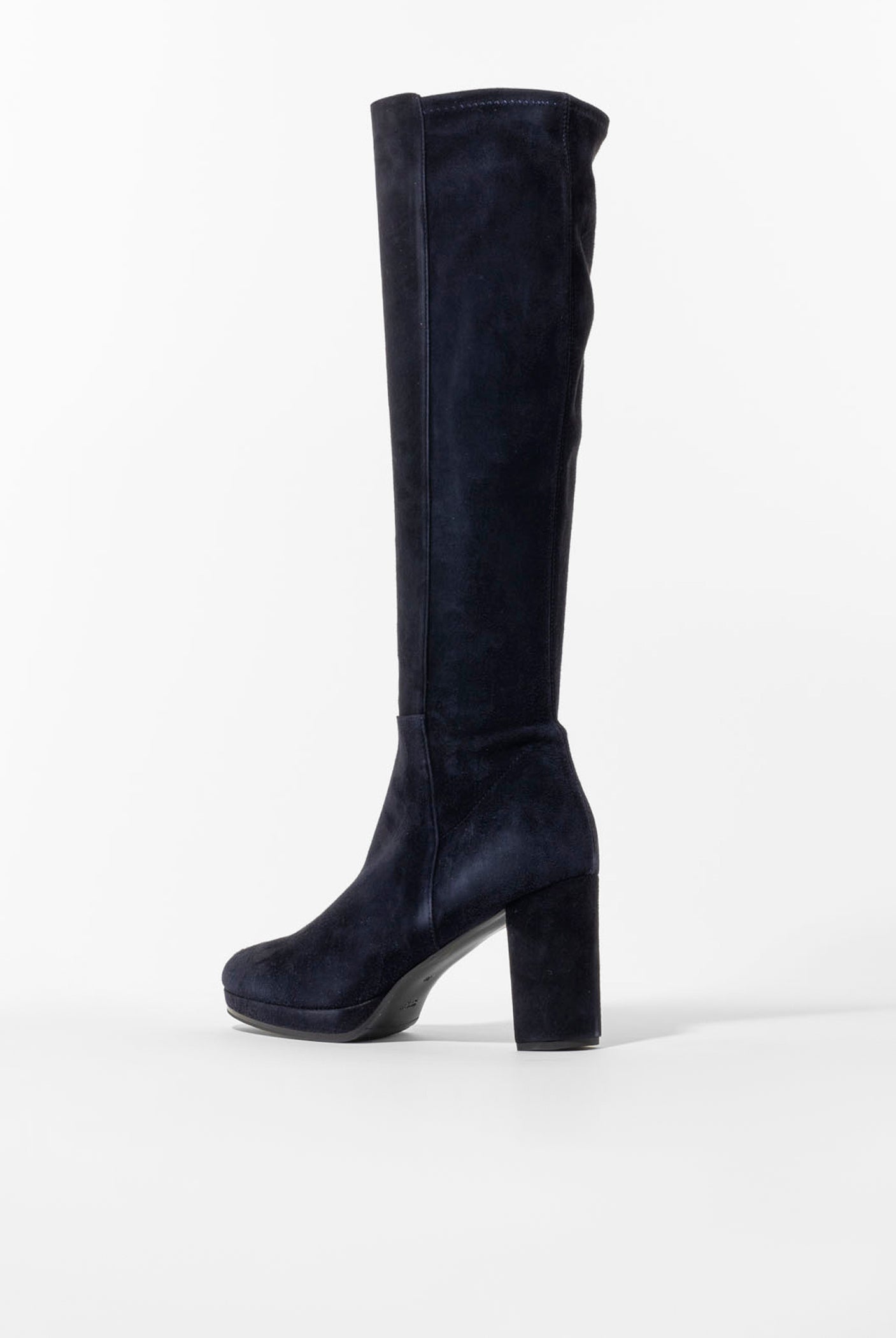 swatch_Navy Suede knee high heeled boot boots