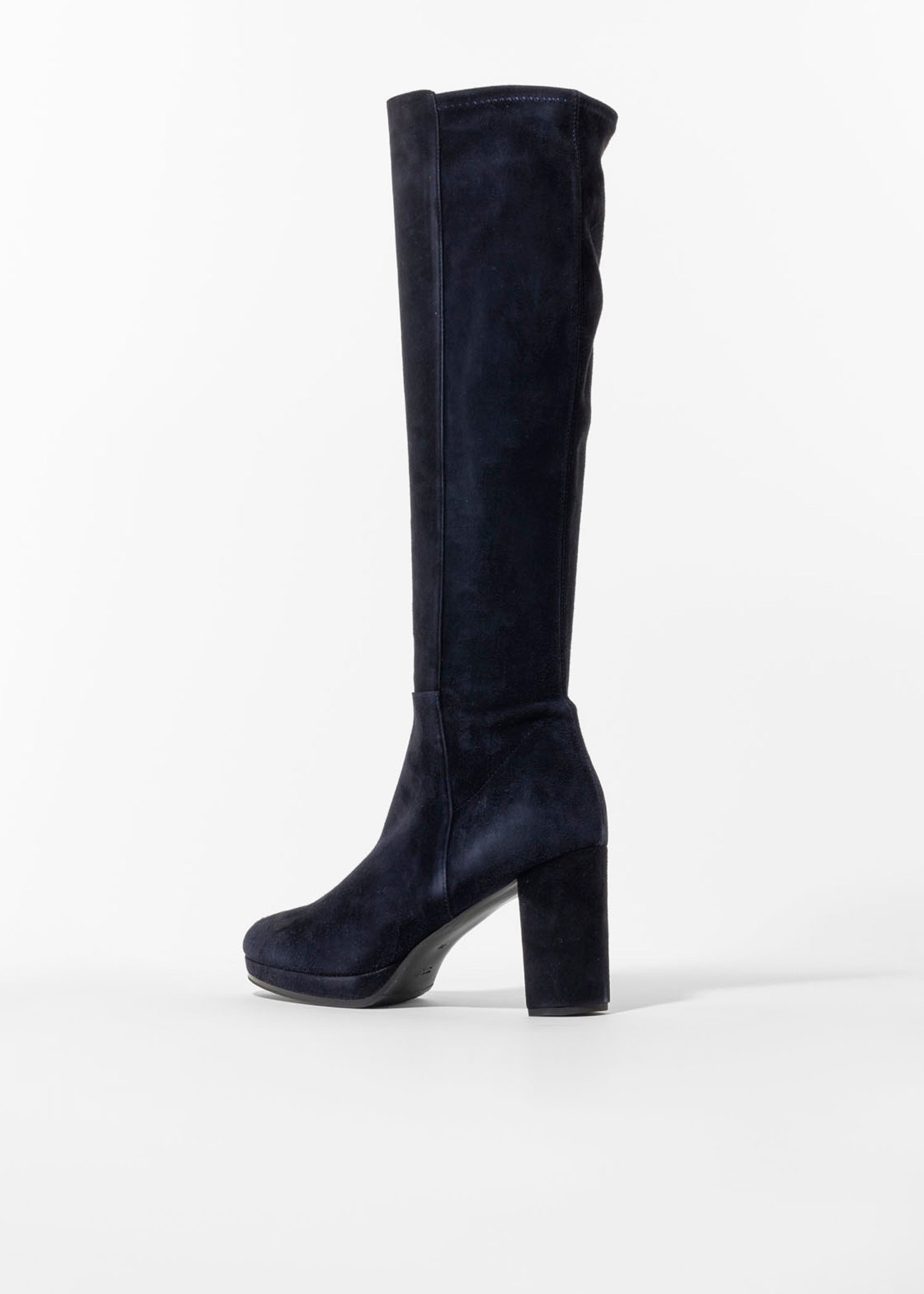 swatch_Navy Suede knee high heeled boot boots