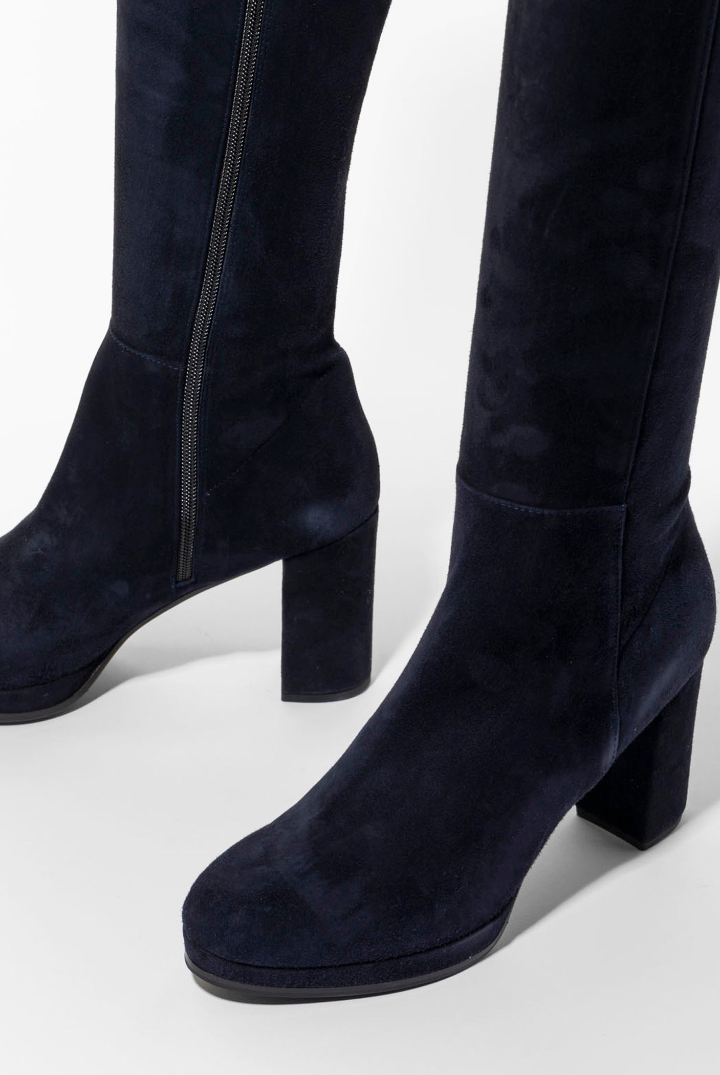 swatch_Navy Suede knee high heeled boot boots
