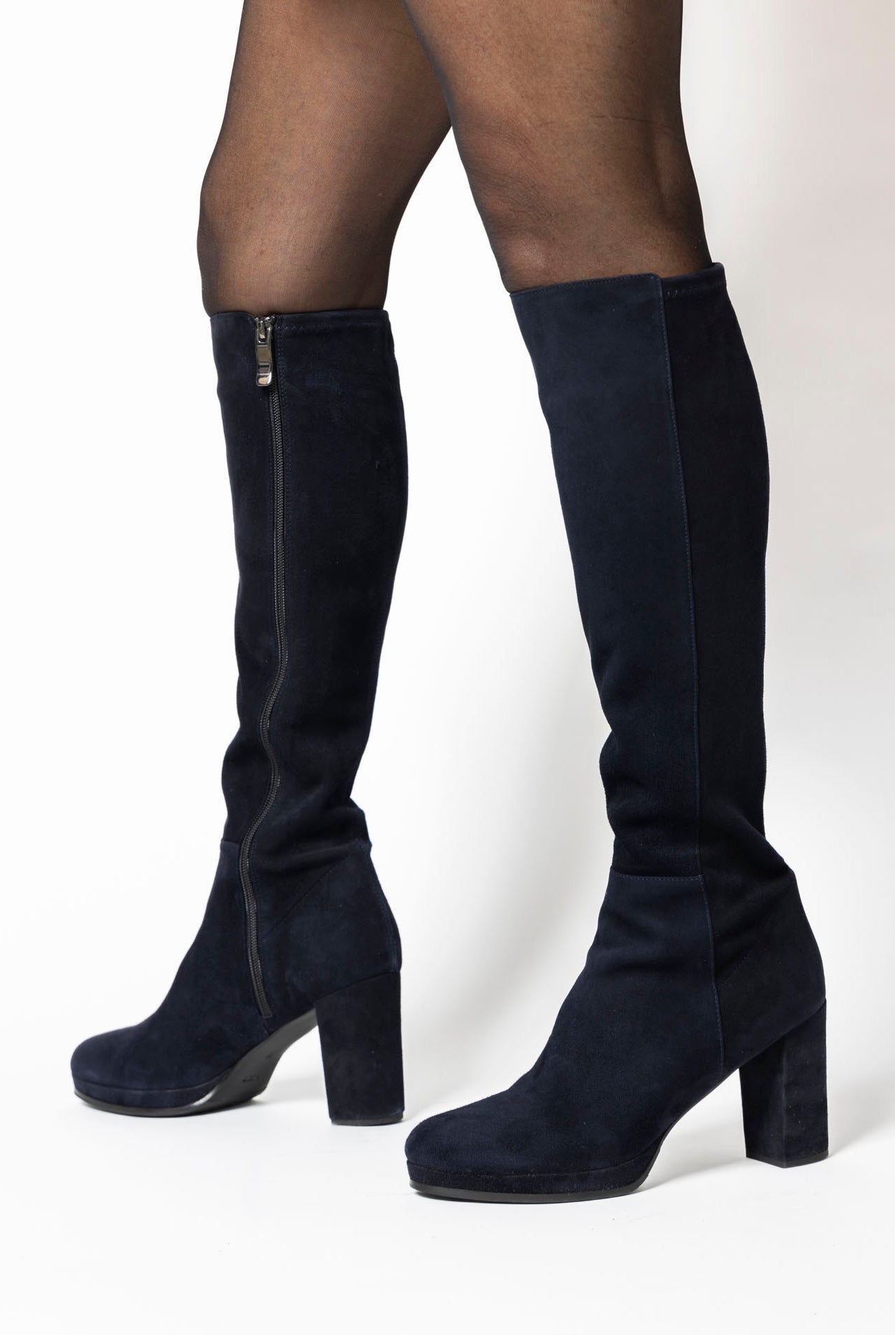swatch_Navy Suede knee high heeled boot boots
