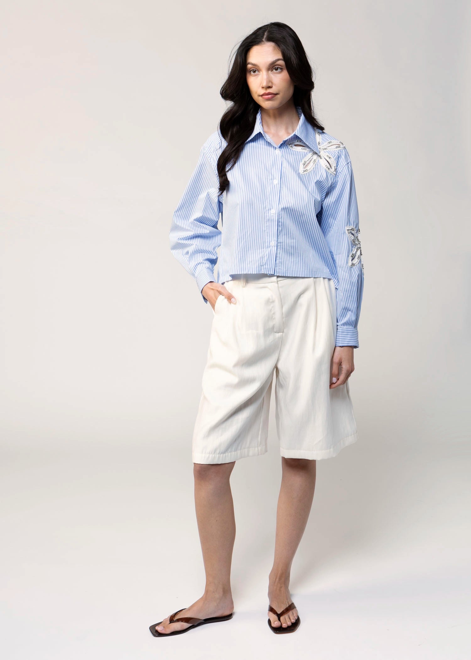swatch_Blue button down shirt with floral applique