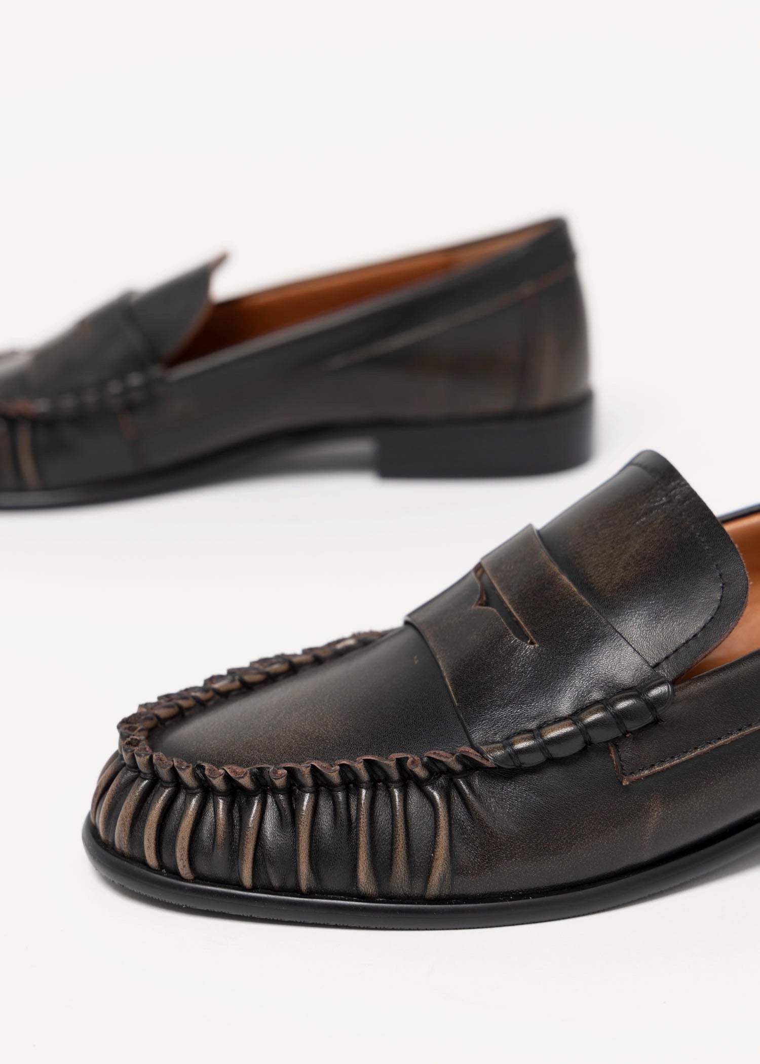 swatch_Taupe Distressed Leather l'idea ruched penny loafer