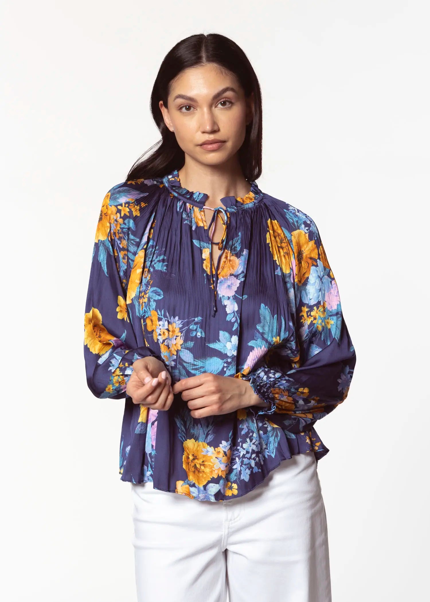 swatch_blue floral pleated blouse apparel