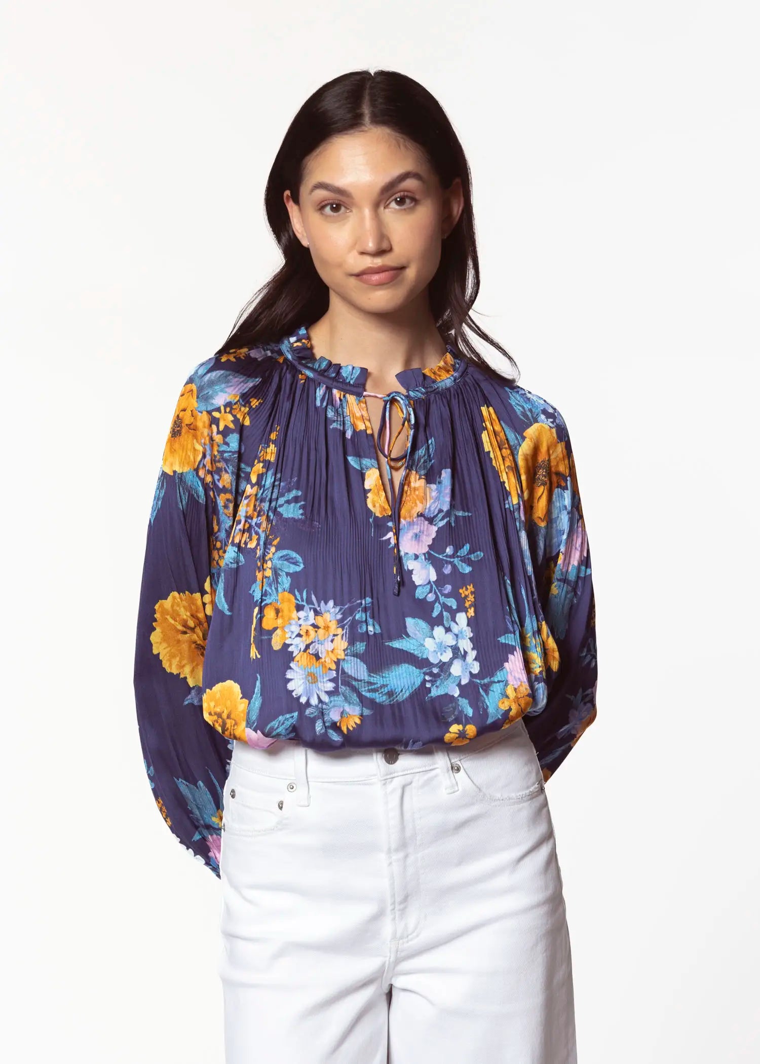 swatch_blue floral pleated blouse apparel