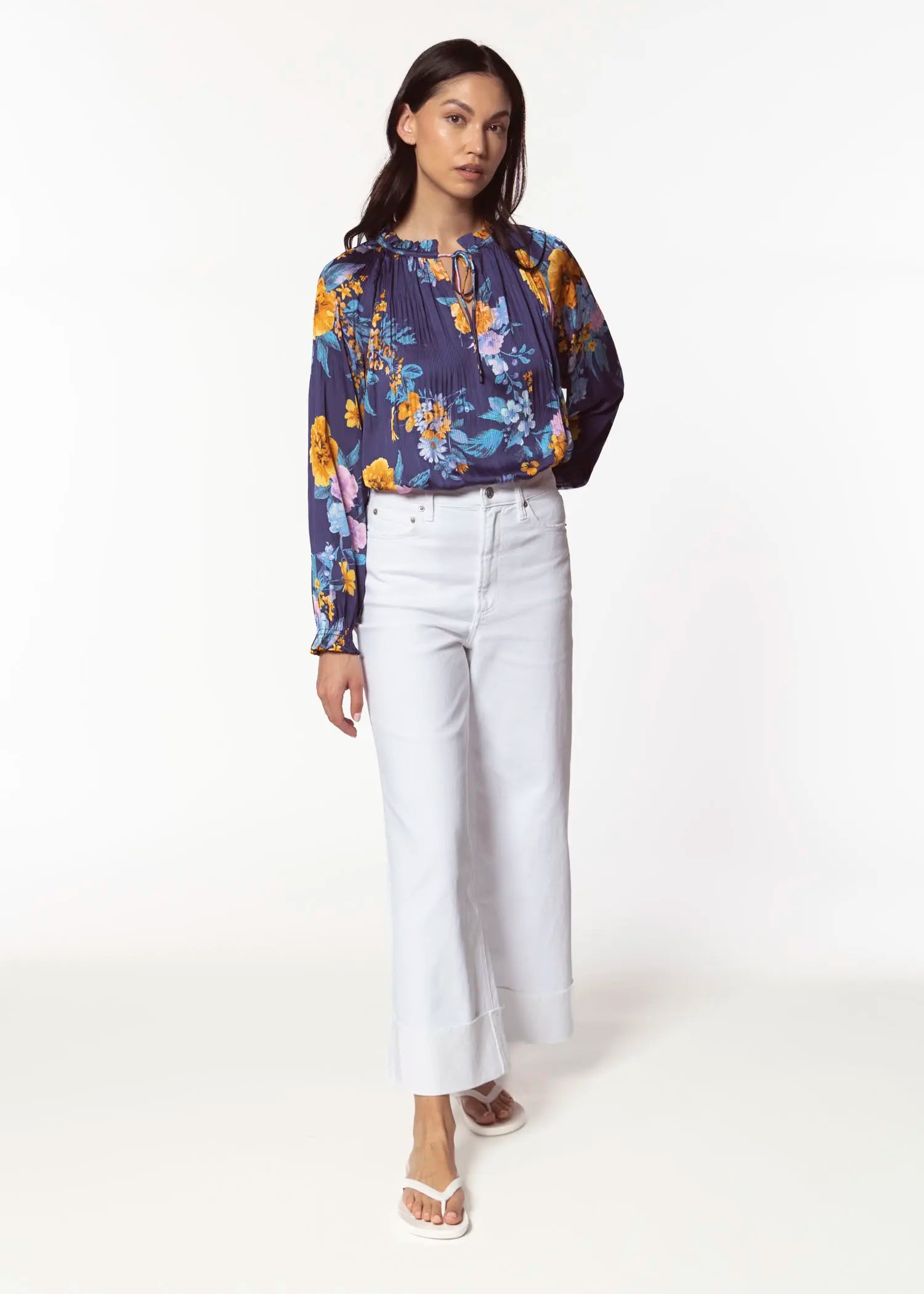 swatch_blue floral pleated blouse apparel