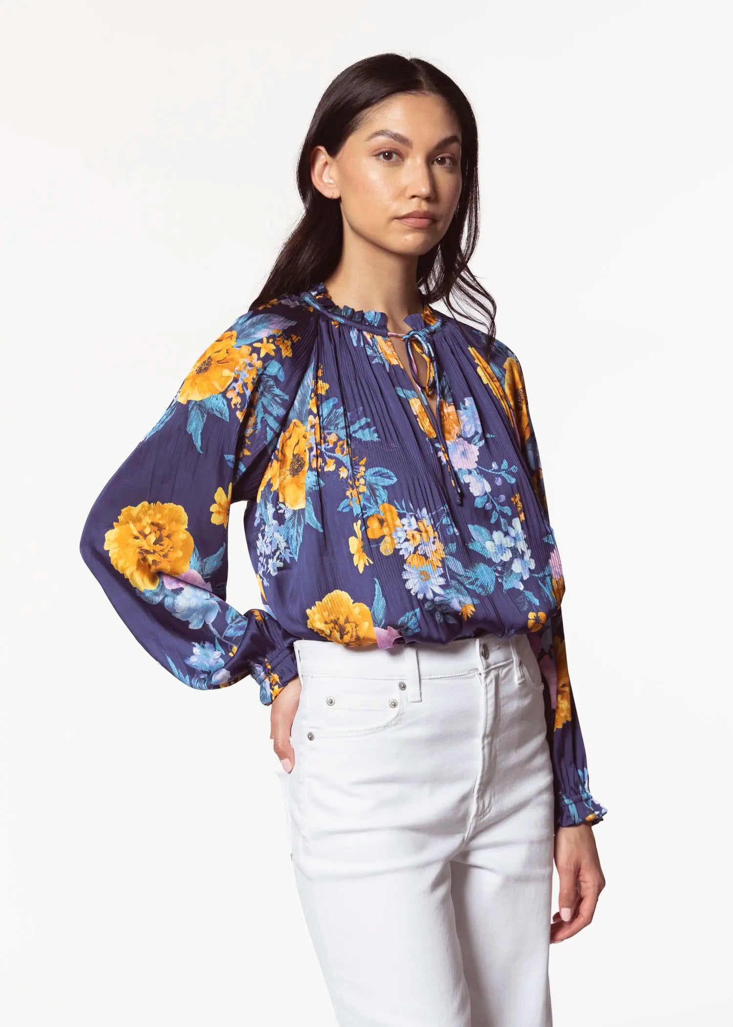 swatch_blue floral pleated blouse apparel