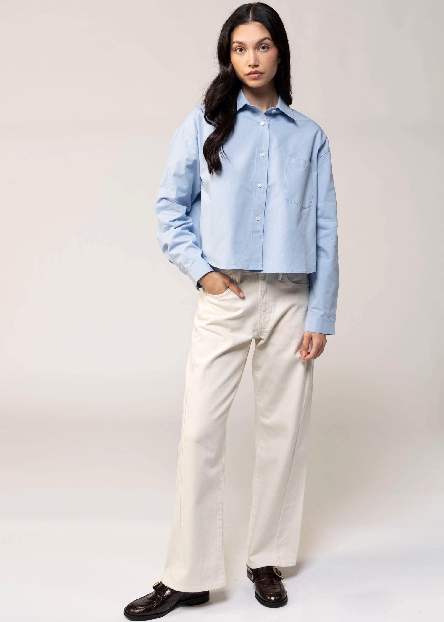 swatch_Light Blue cropped button down shirt