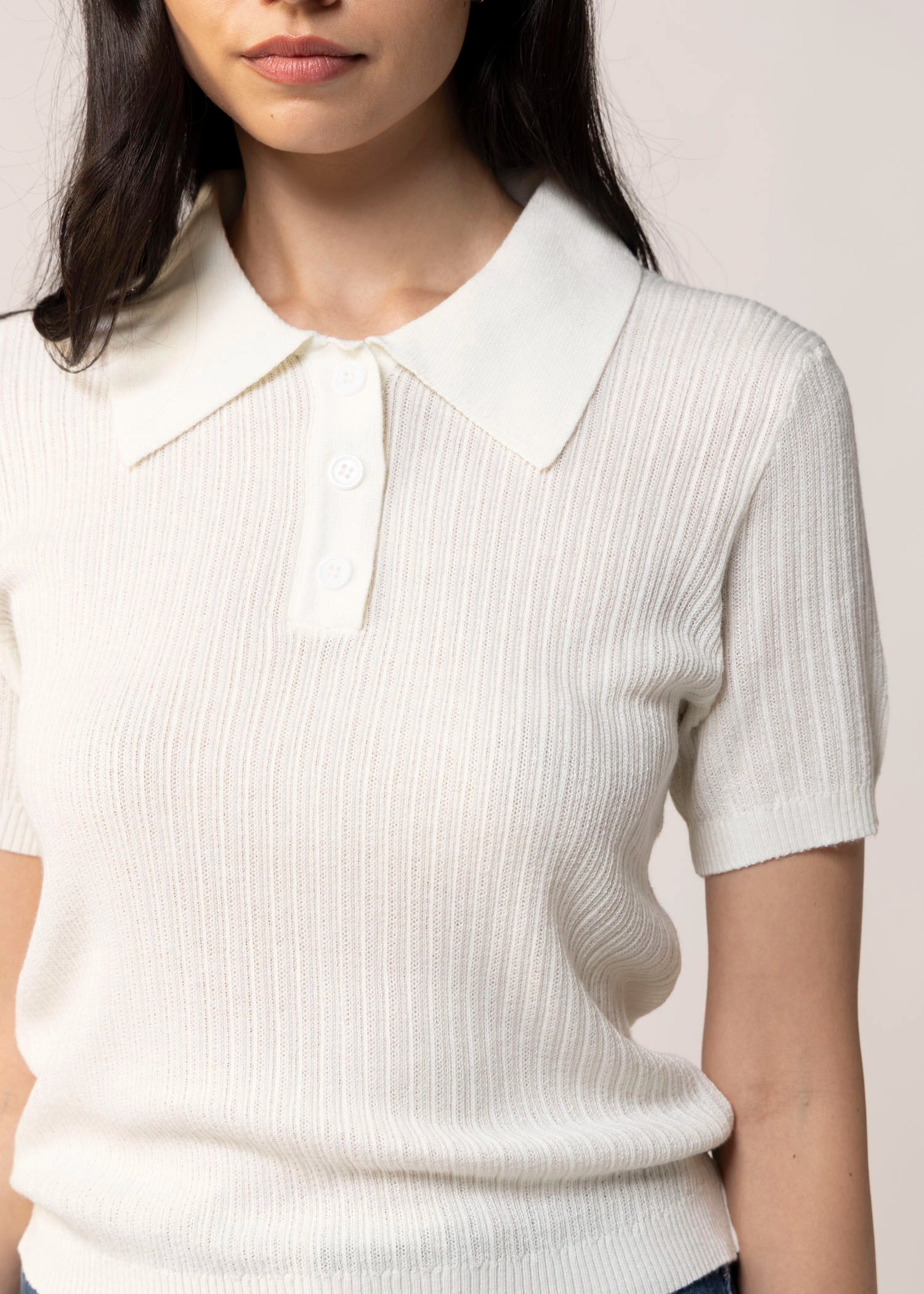 swatch_Cream mesh sweater short sleeve polo