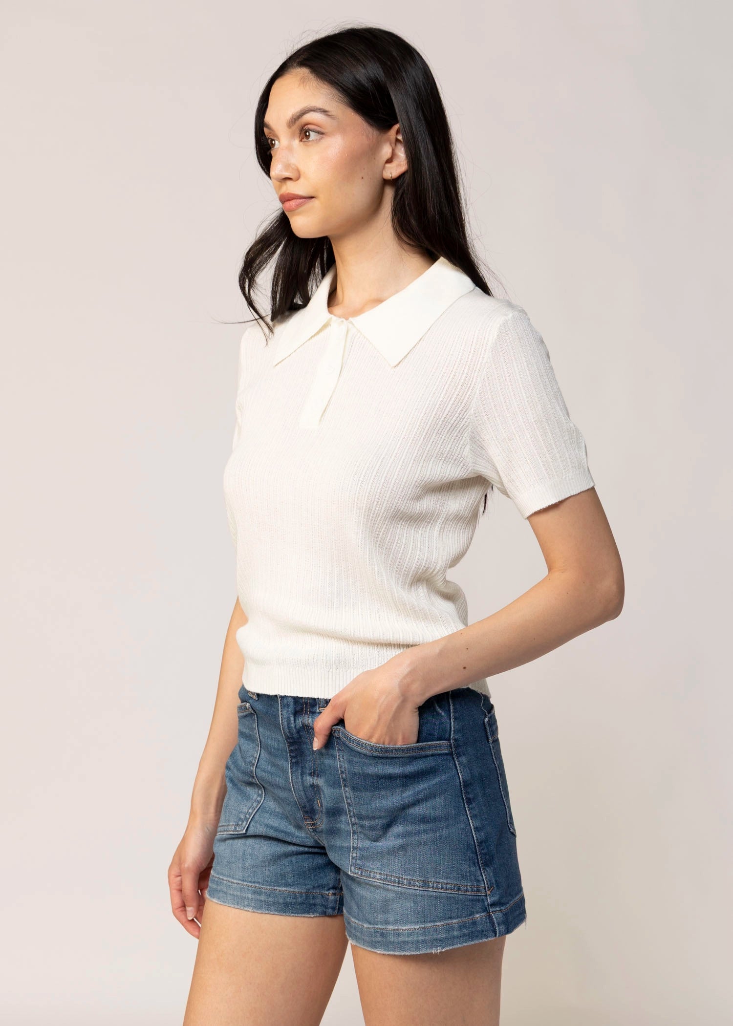 swatch_Cream mesh sweater short sleeve polo