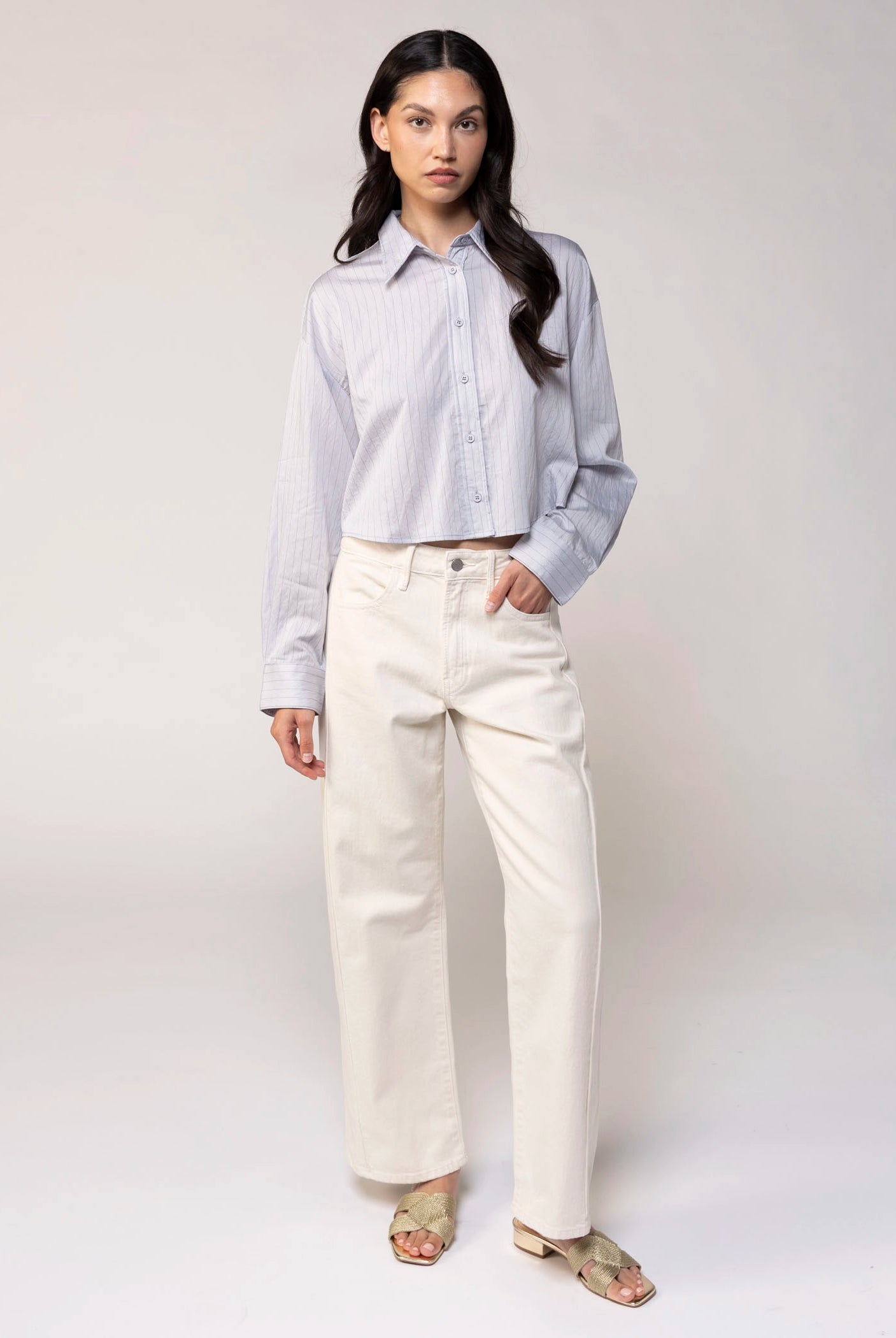 swatch_Silver/Blue pinstripe cropped button down shirt