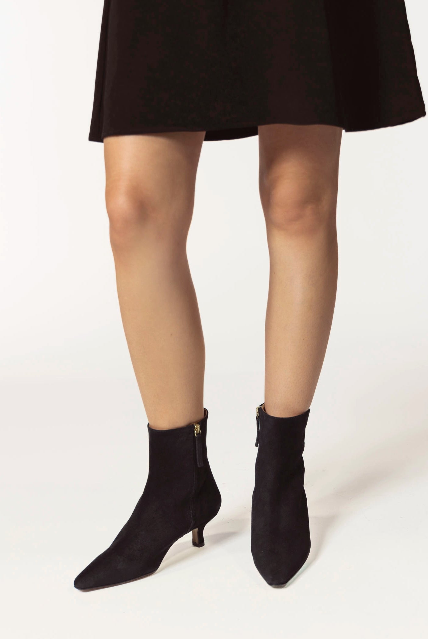 swatch_black suede cleo kitten heel bootie ankle boots