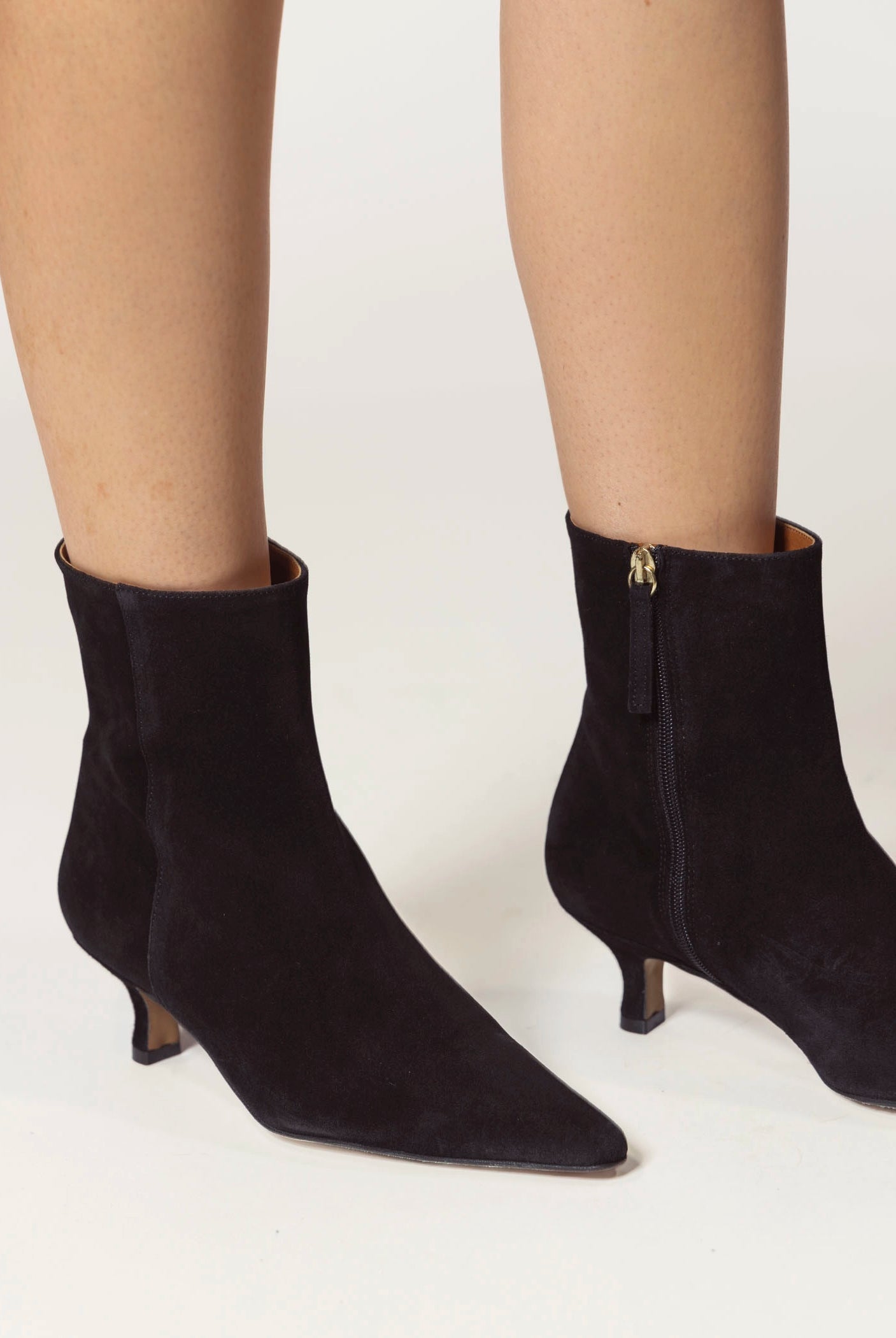 swatch_black suede cleo kitten heel bootie ankle boots