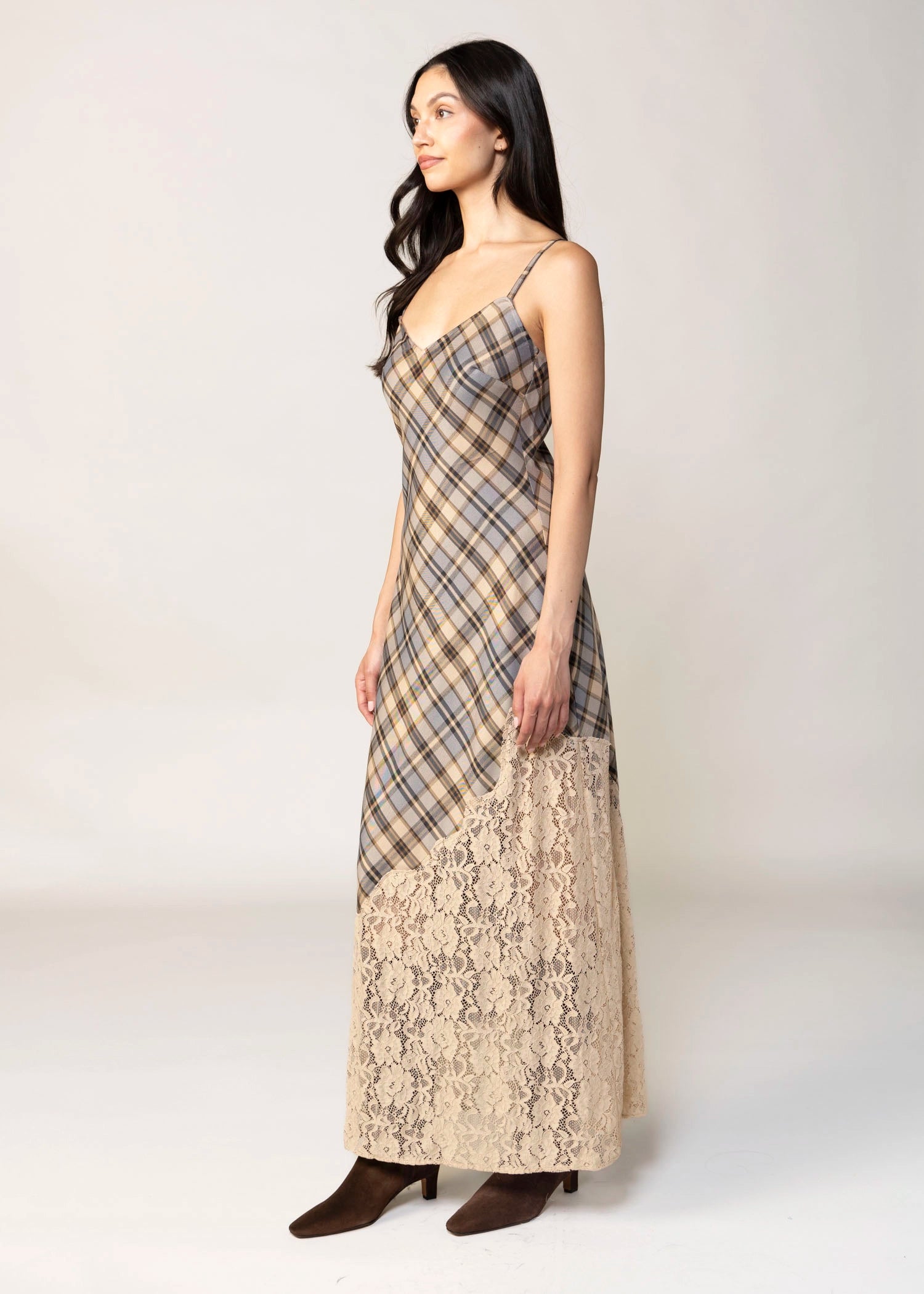 swatch_Brown/Blue Plaid lace inset maxi dress