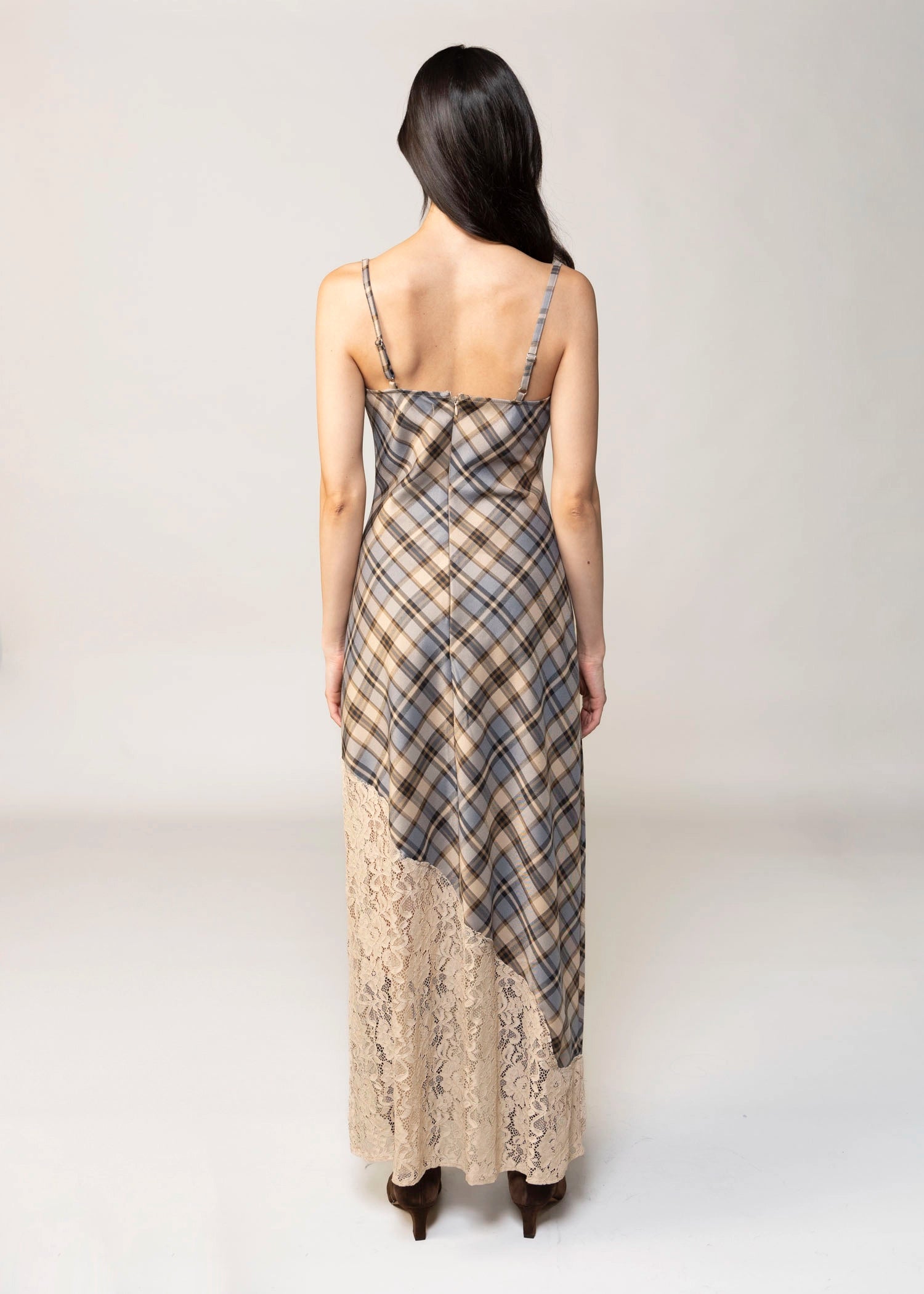 swatch_Brown/Blue Plaid lace inset maxi dress